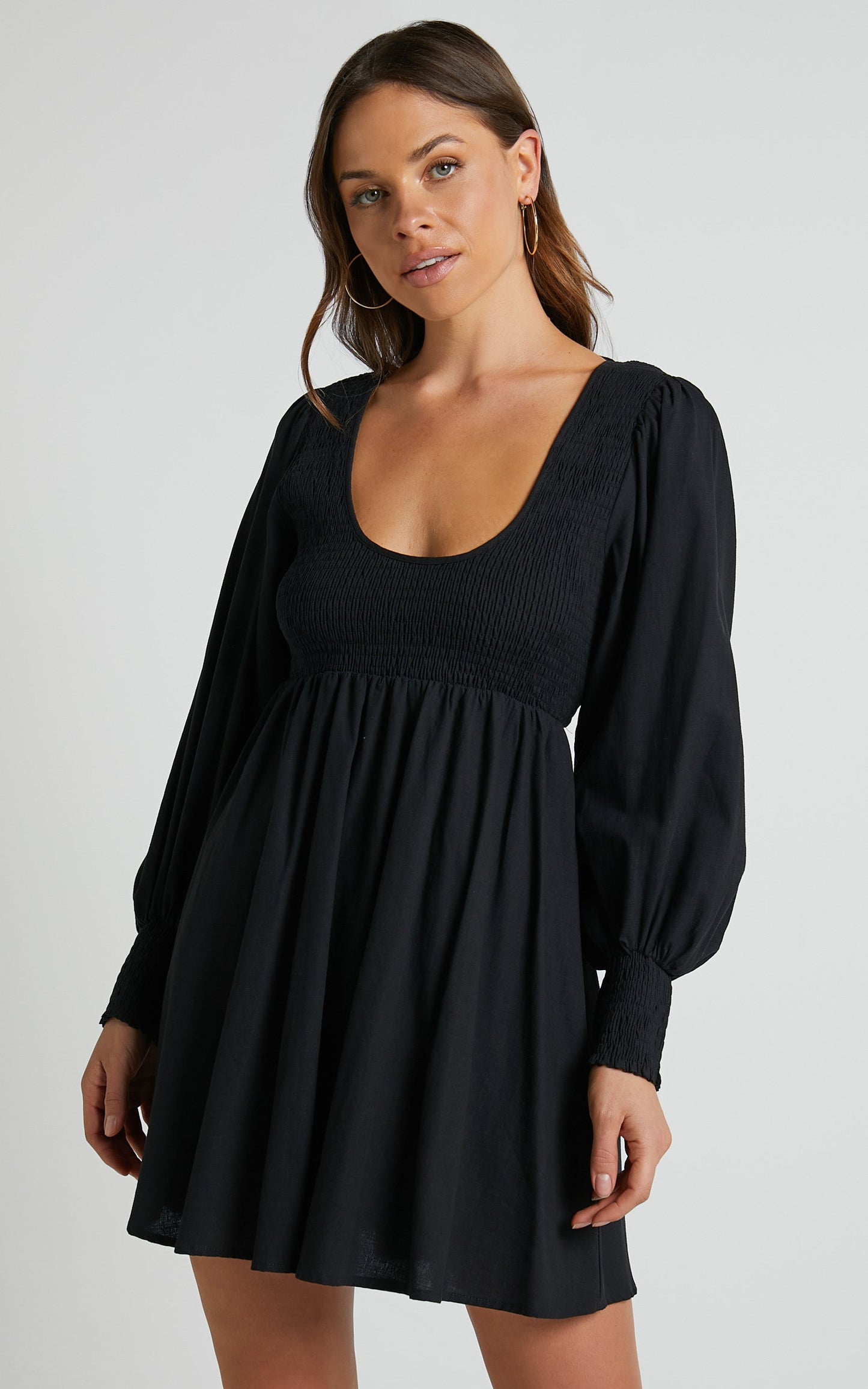 Valena Mini Linen Blend Dress - Shirred Scoop Neck Longsleeve A Line Dress in Black