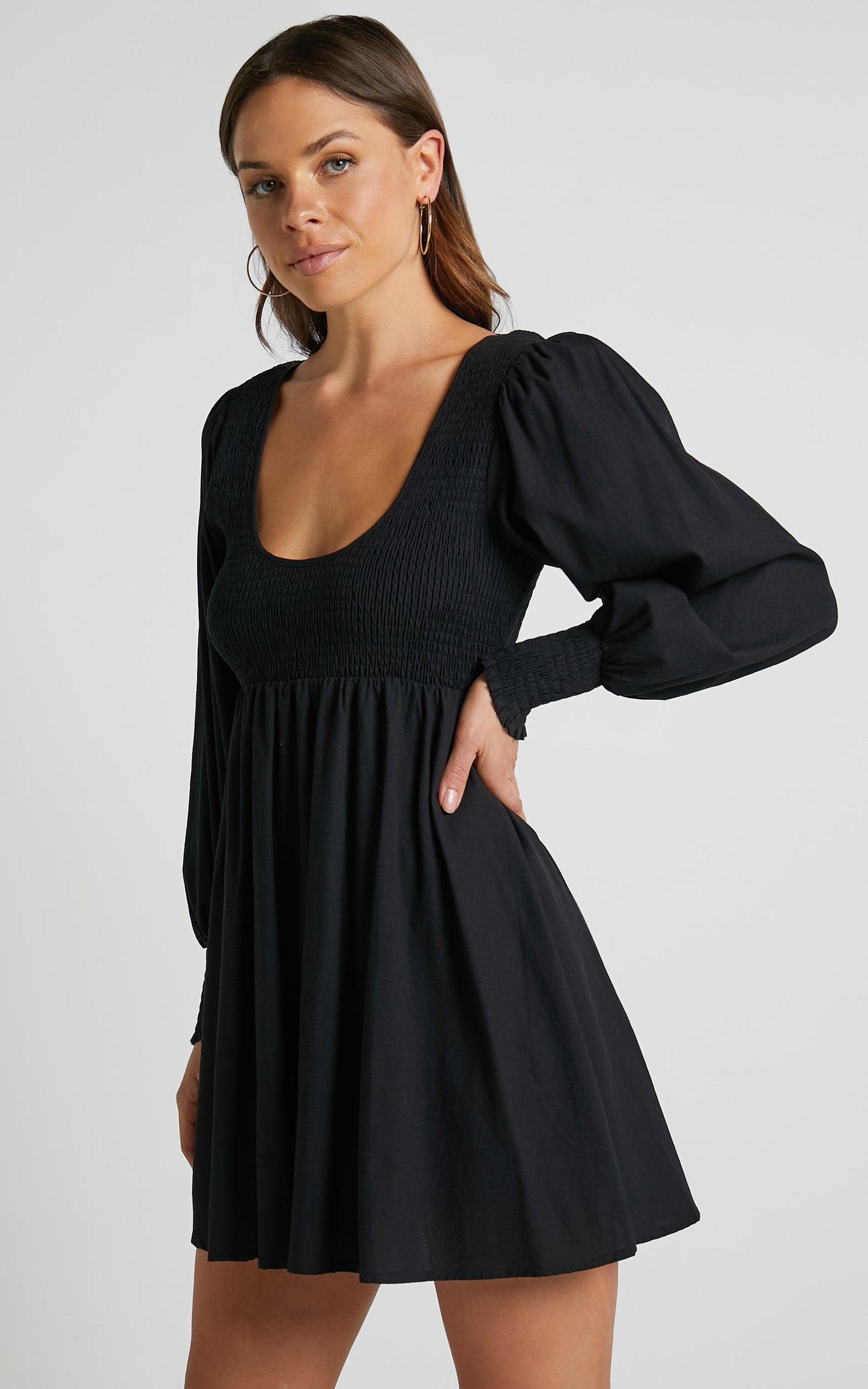 Valena Mini Linen Blend Dress - Shirred Scoop Neck Longsleeve A Line Dress in Black