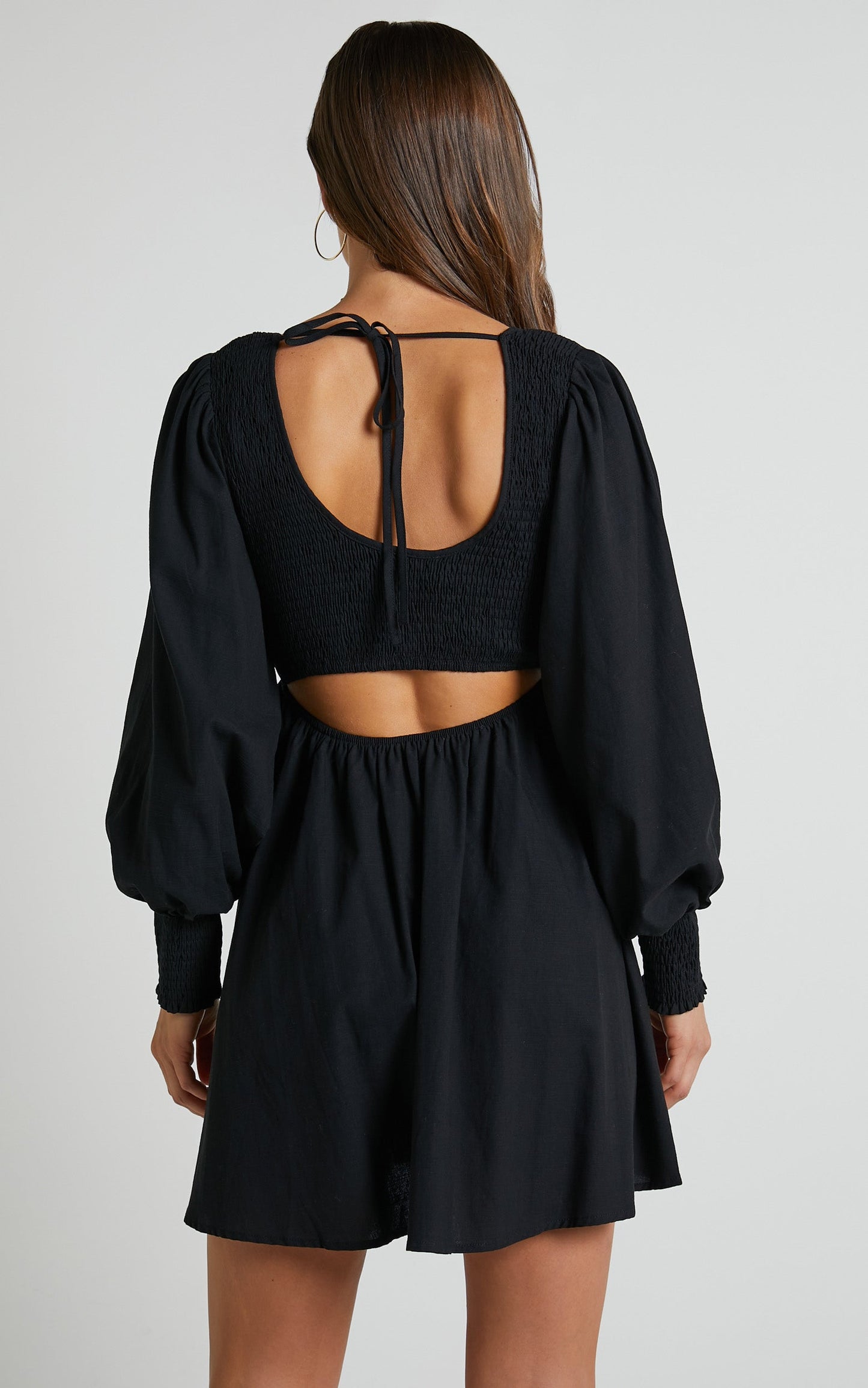 Valena Mini Linen Blend Dress - Shirred Scoop Neck Longsleeve A Line Dress in Black