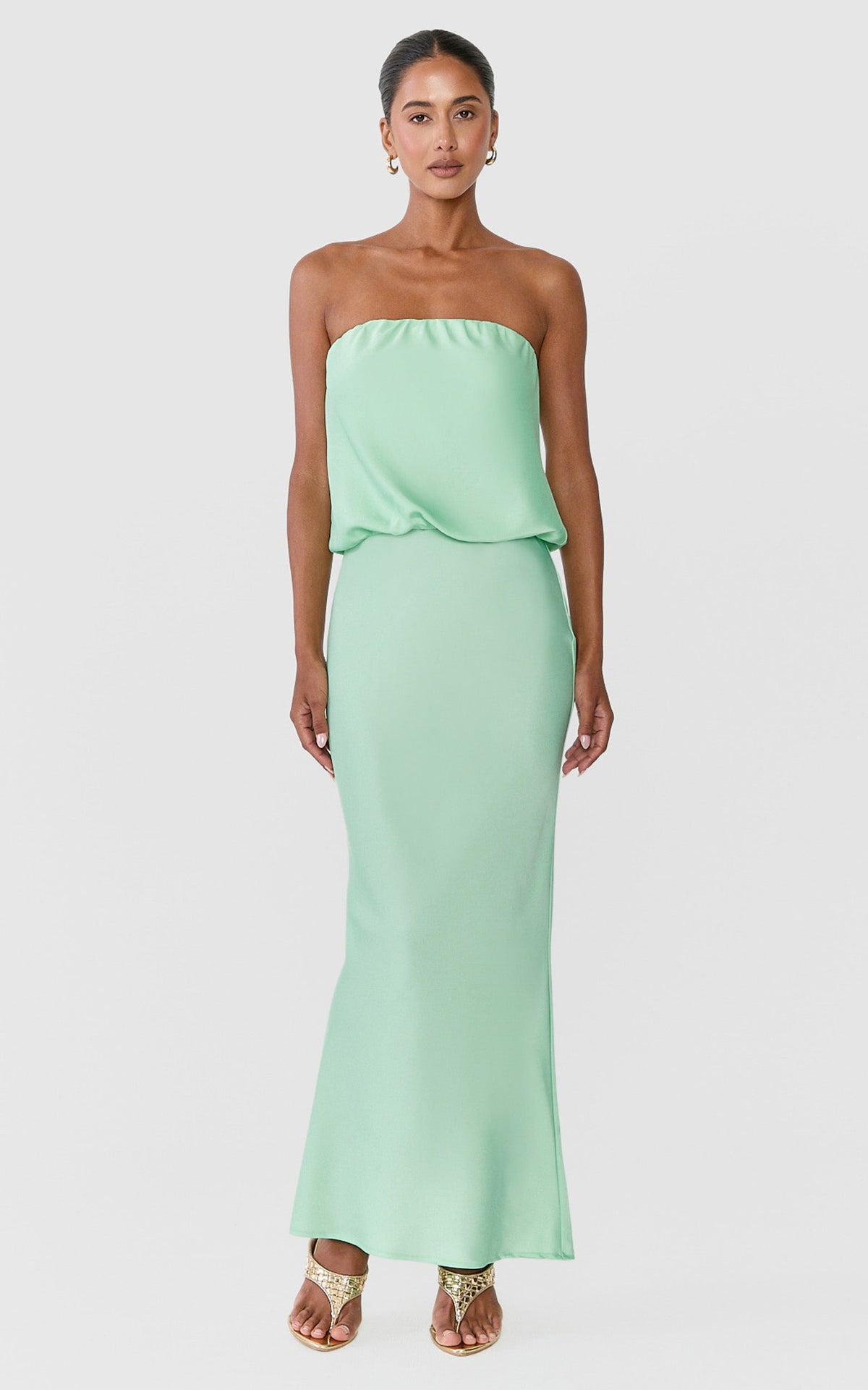 Valencia Midi Dress - Strapless Blouson Top Dropped Waist Dress in Mint Green