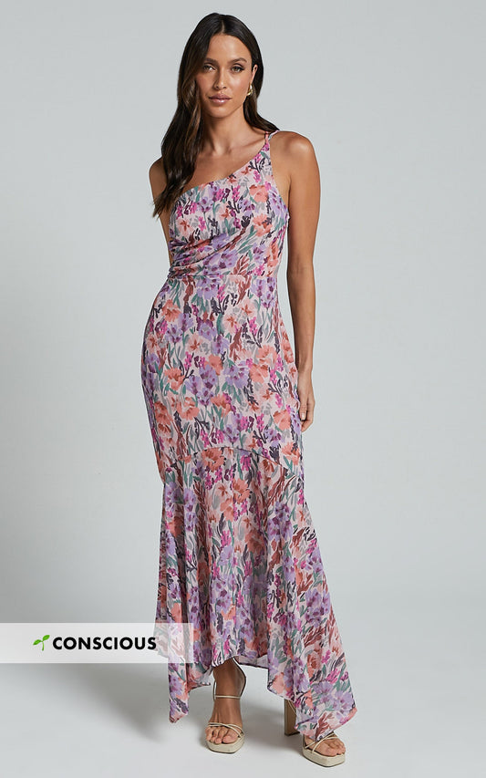 Valentina Midi Dress - One Shoulder Mermaid Dress in Monet Floral