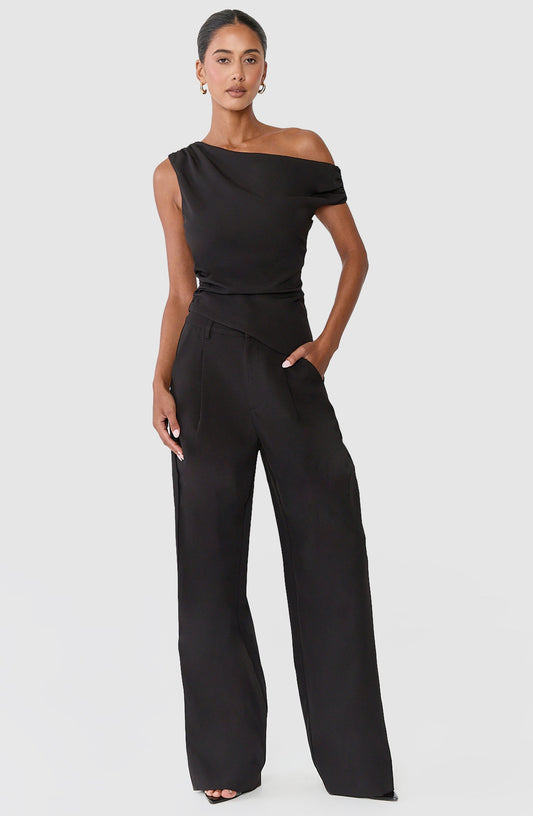 Valentina Two Piece Top and Pants Set - Off Shoulder Asymmetric Hem Top And Wide Leg Pants Set in Black