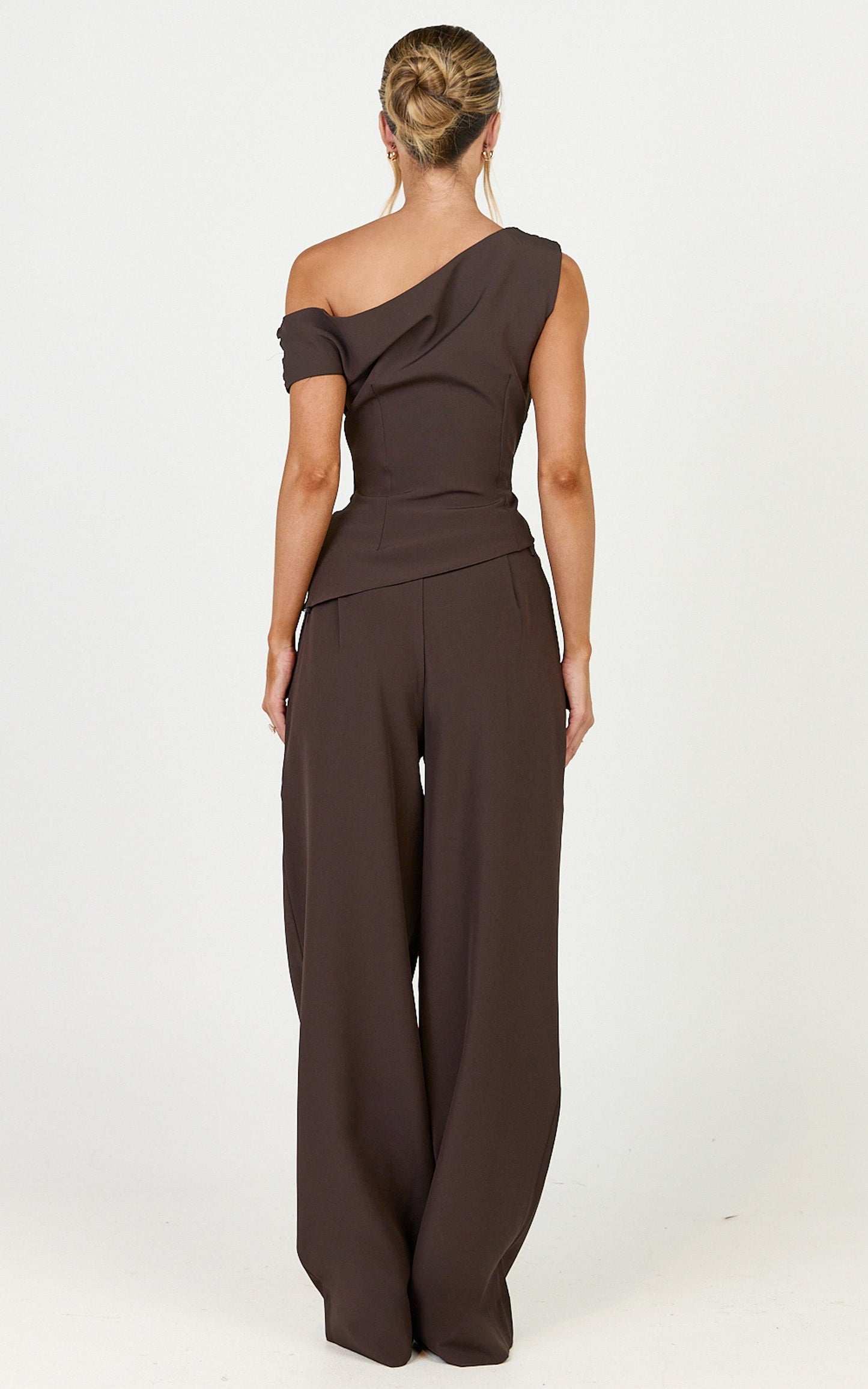 Valentina Two Piece Top and Pants Set - Off Shoulder Asymmetric Hem Top And Wide Leg Pants Set in Dark Chocolate