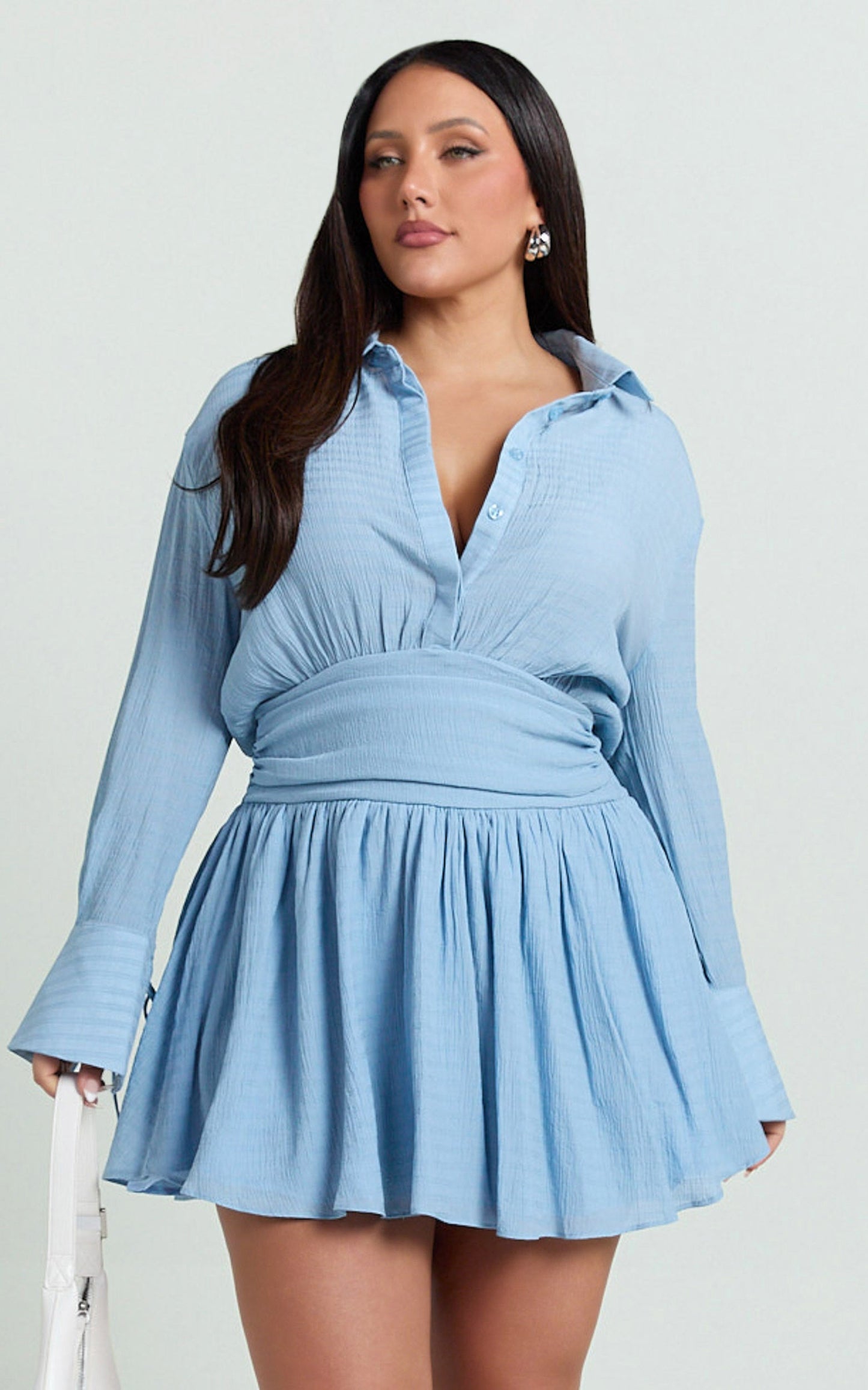 Valerie Mini Dress - Collared Long Sleeve Corset Waist Shirt Dress in Pale Blue