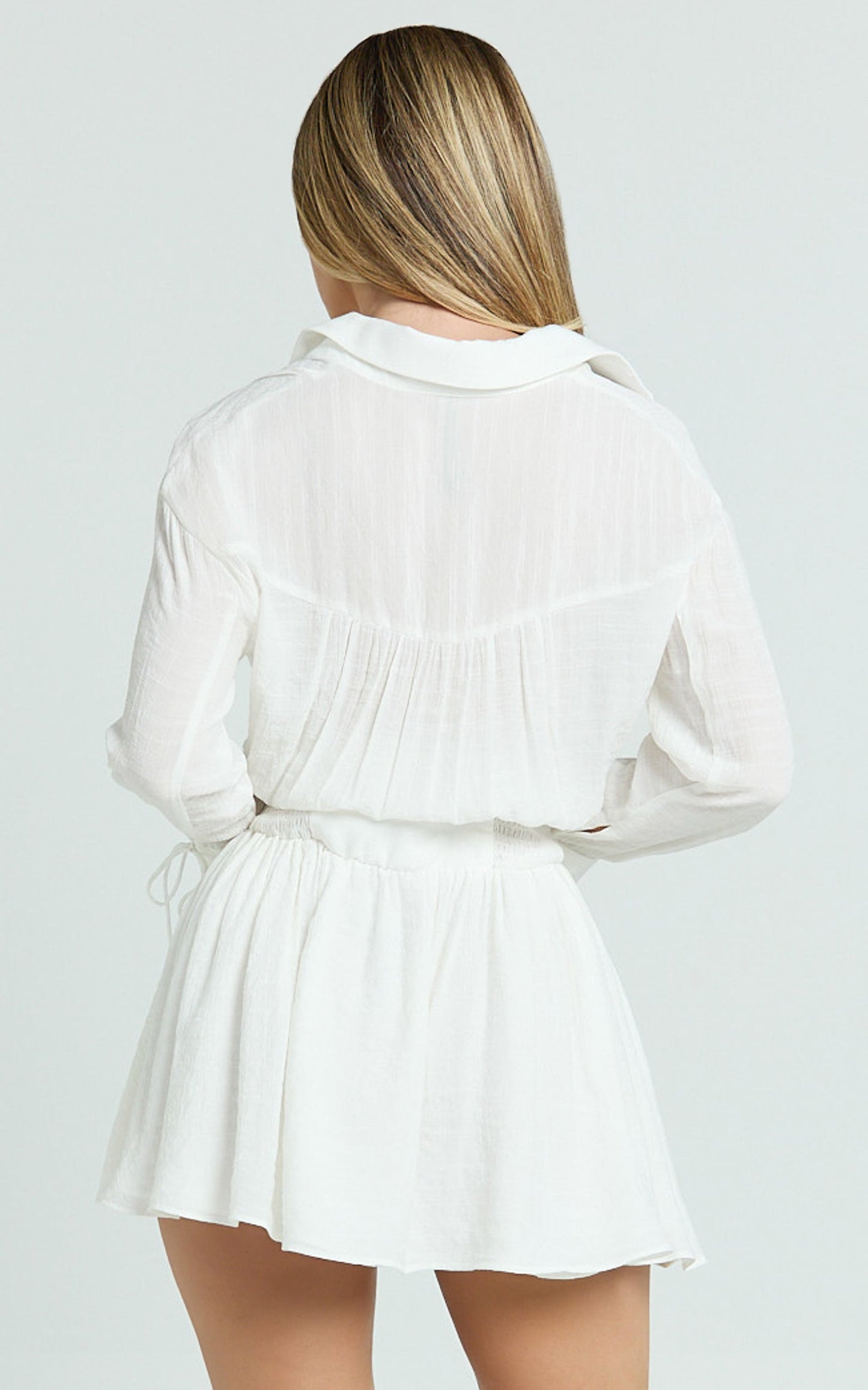Valerie Mini Dress - Collared Long Sleeve Corset Waist Shirt Dress in White