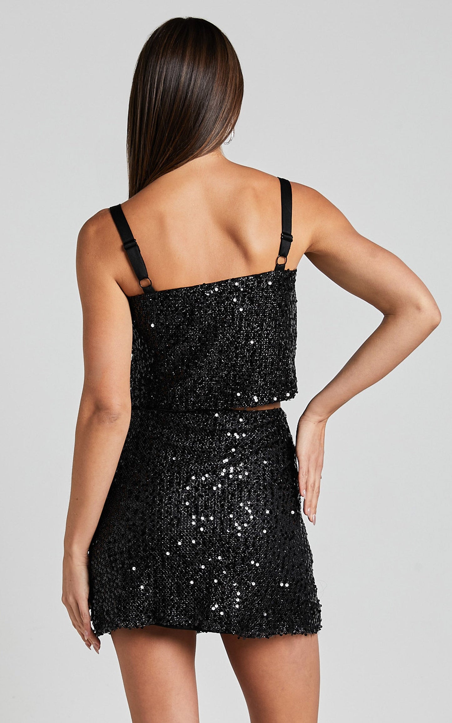 Valletta Two Piece Top and Skirt Set - Sequin Square Neck and A Line Mini Skirt in Black