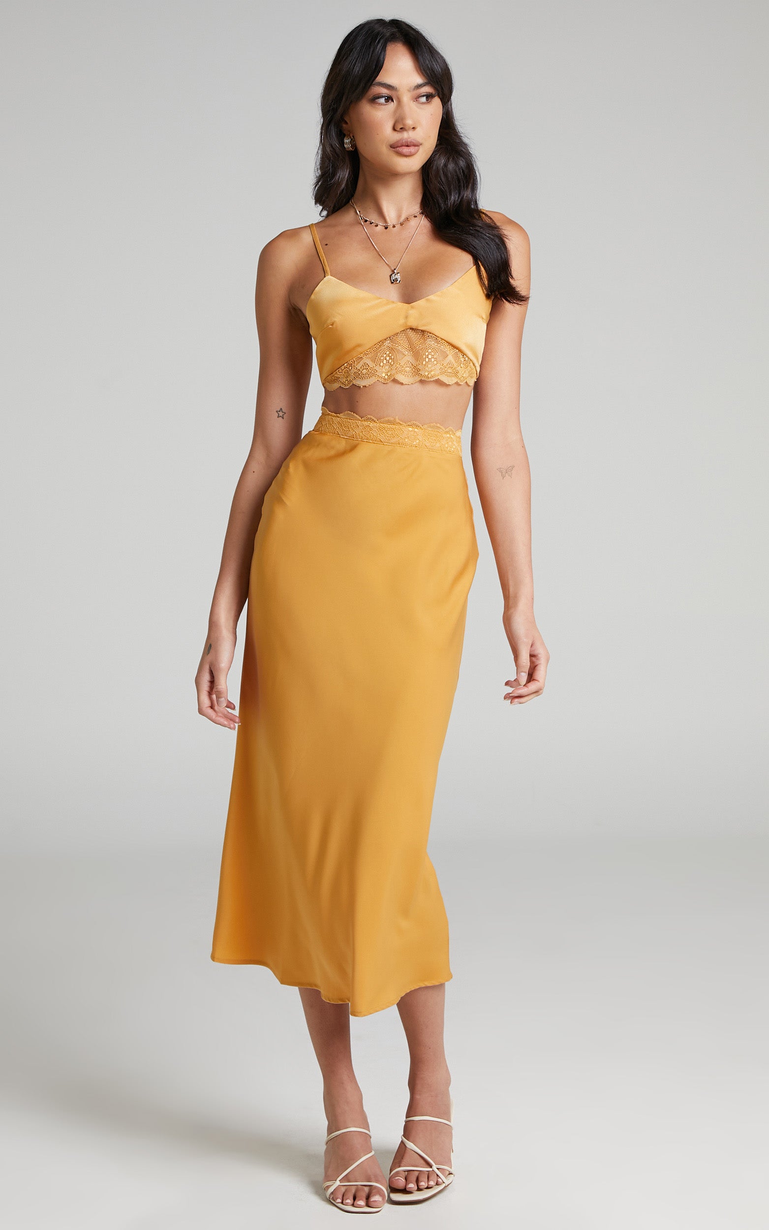 Vallia Lace Trim Satin Two Piece Set in Gold
