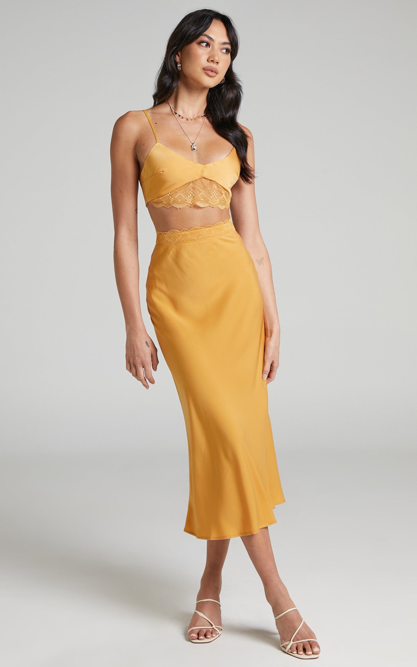 Vallia Lace Trim Satin Two Piece Set in Gold