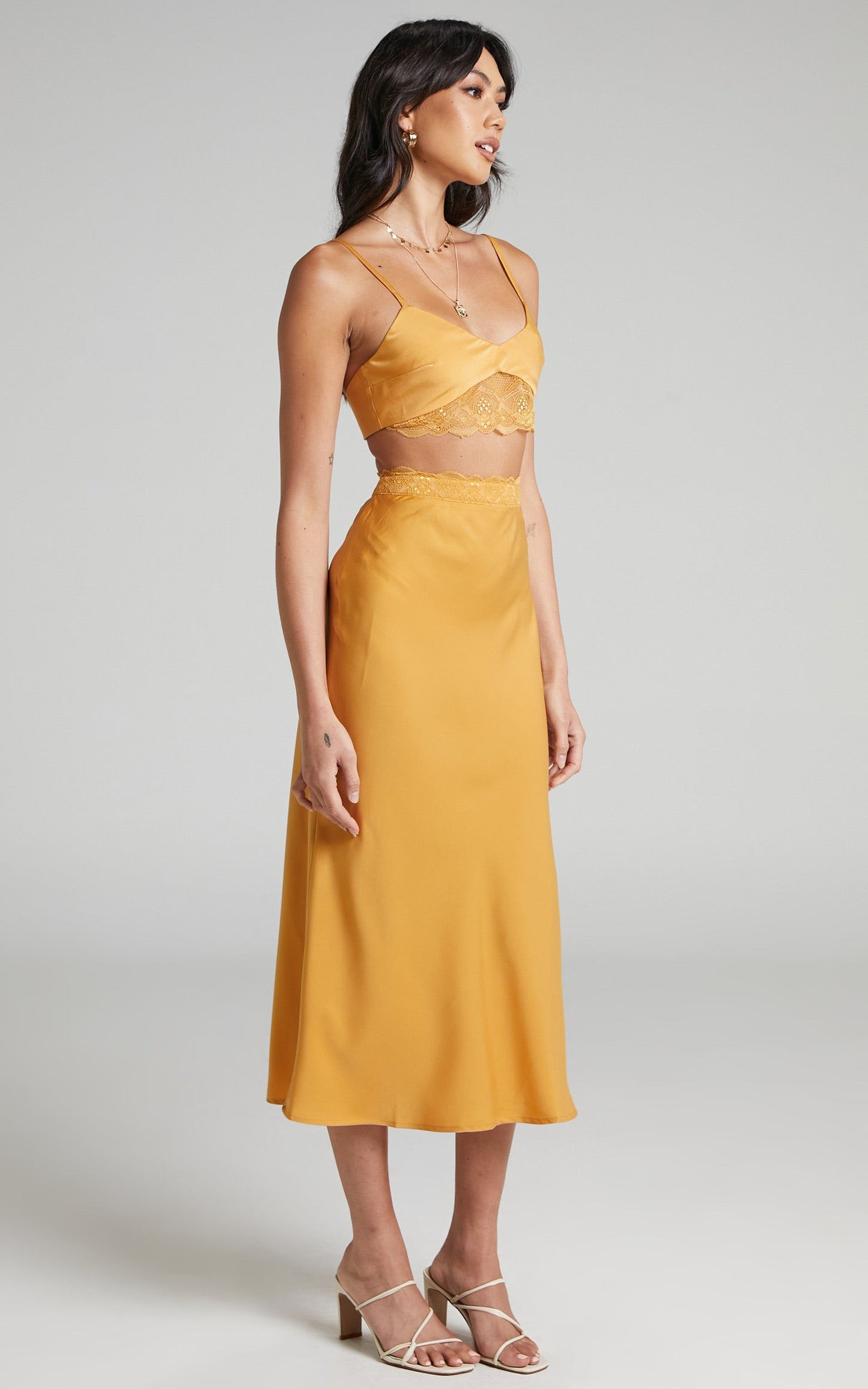 Vallia Lace Trim Satin Two Piece Set in Gold