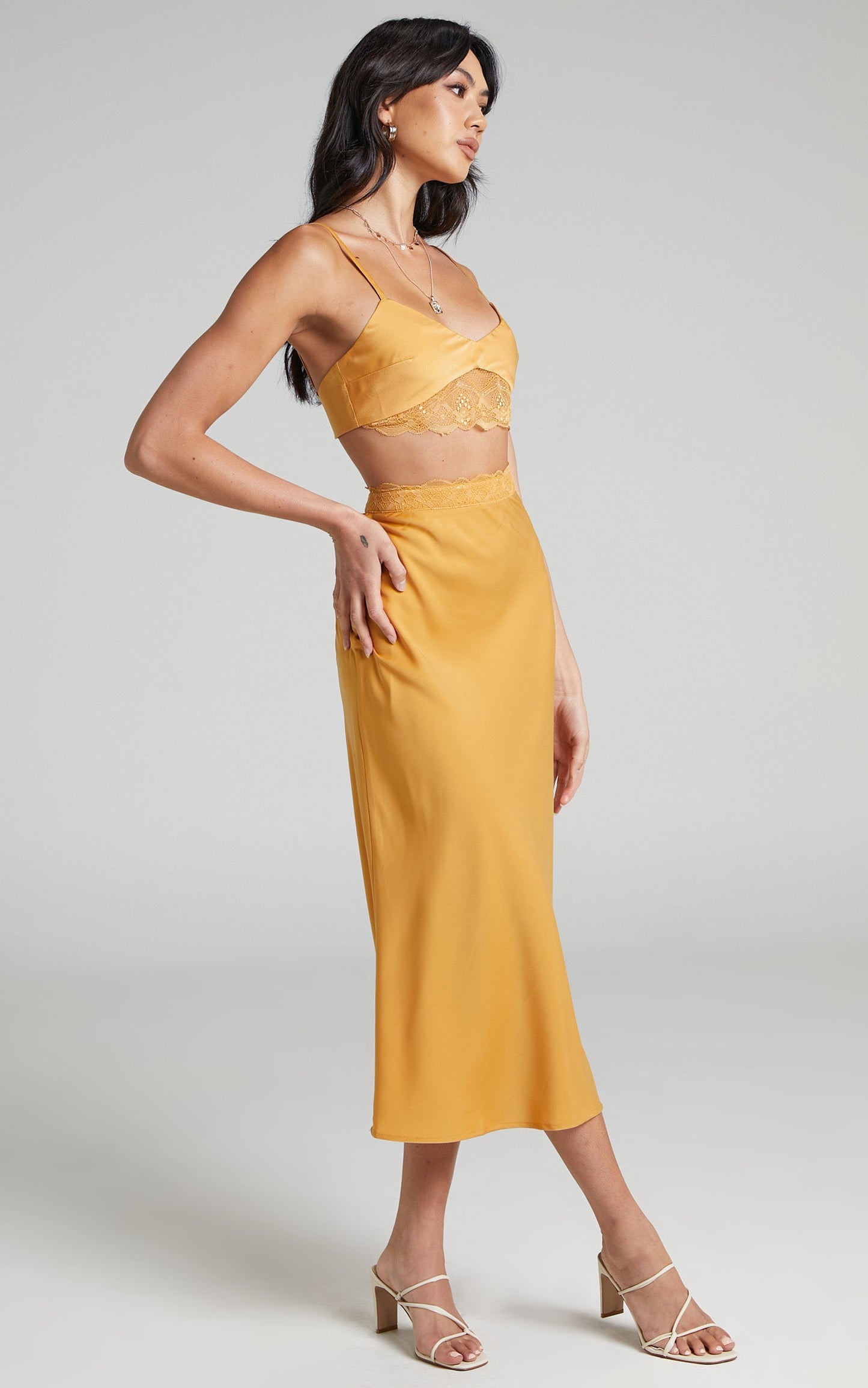 Vallia Lace Trim Satin Two Piece Set in Gold
