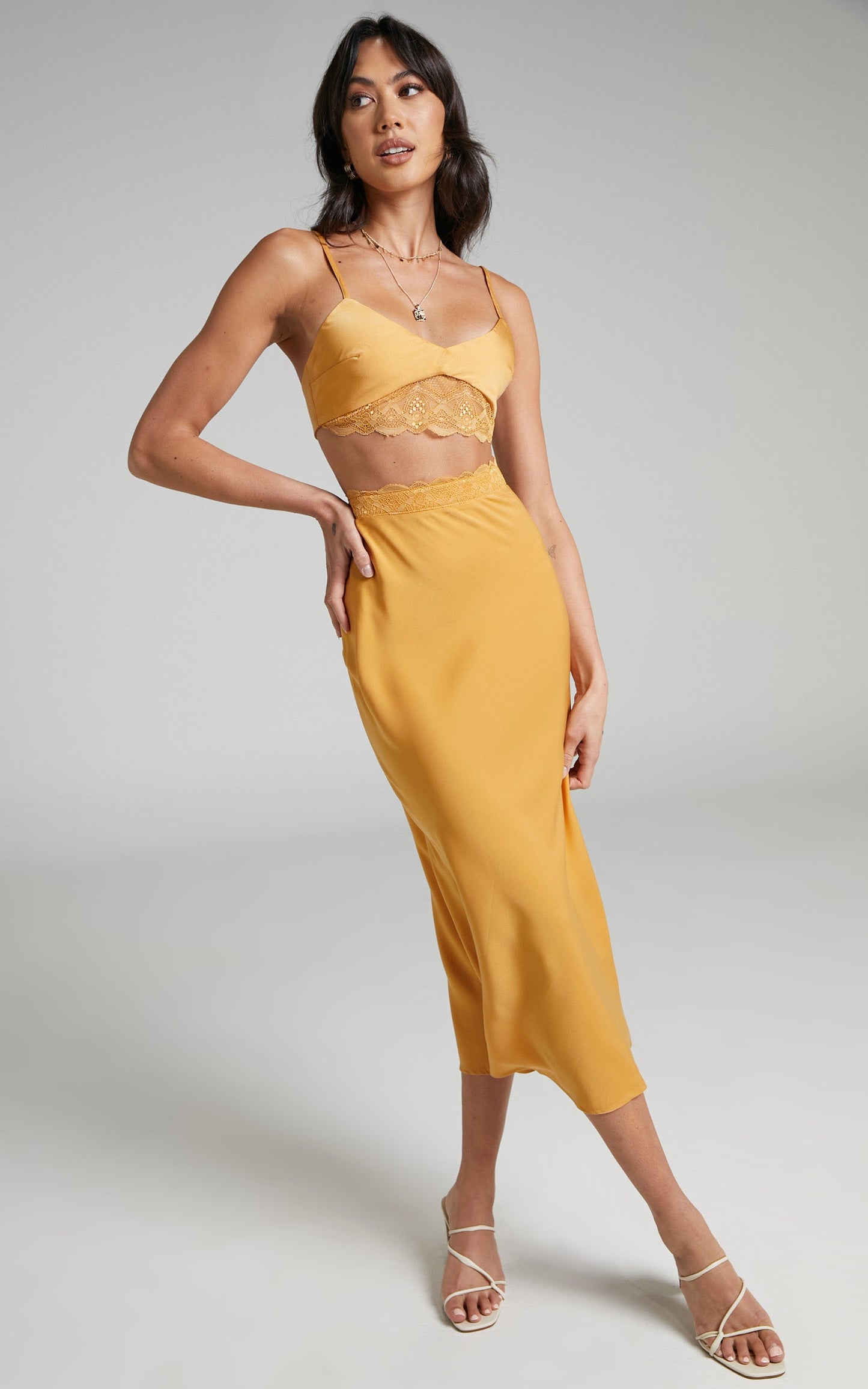 Vallia Lace Trim Satin Two Piece Set in Gold