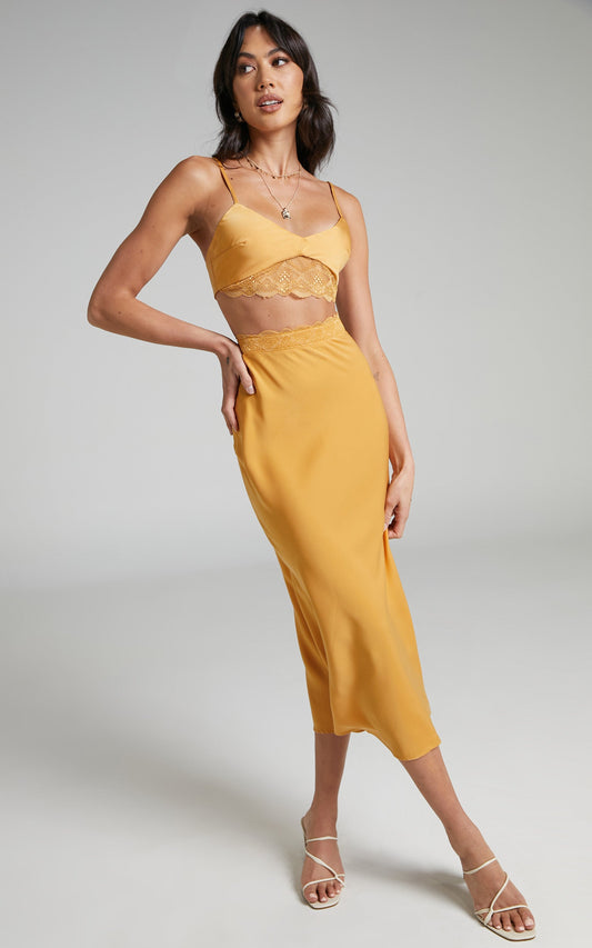 Vallia Lace Trim Satin Two Piece Set in Gold