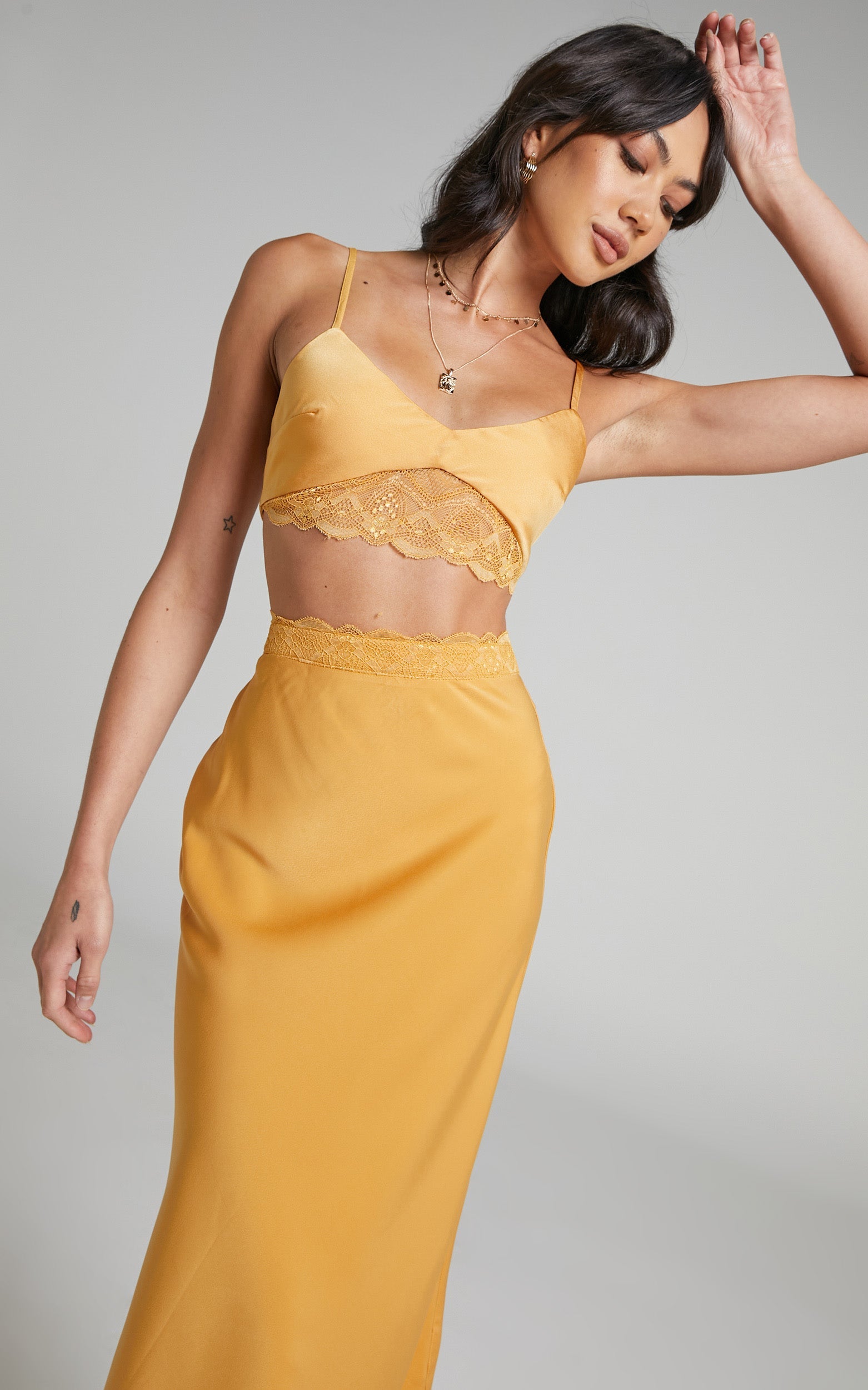Vallia Lace Trim Satin Two Piece Set in Gold