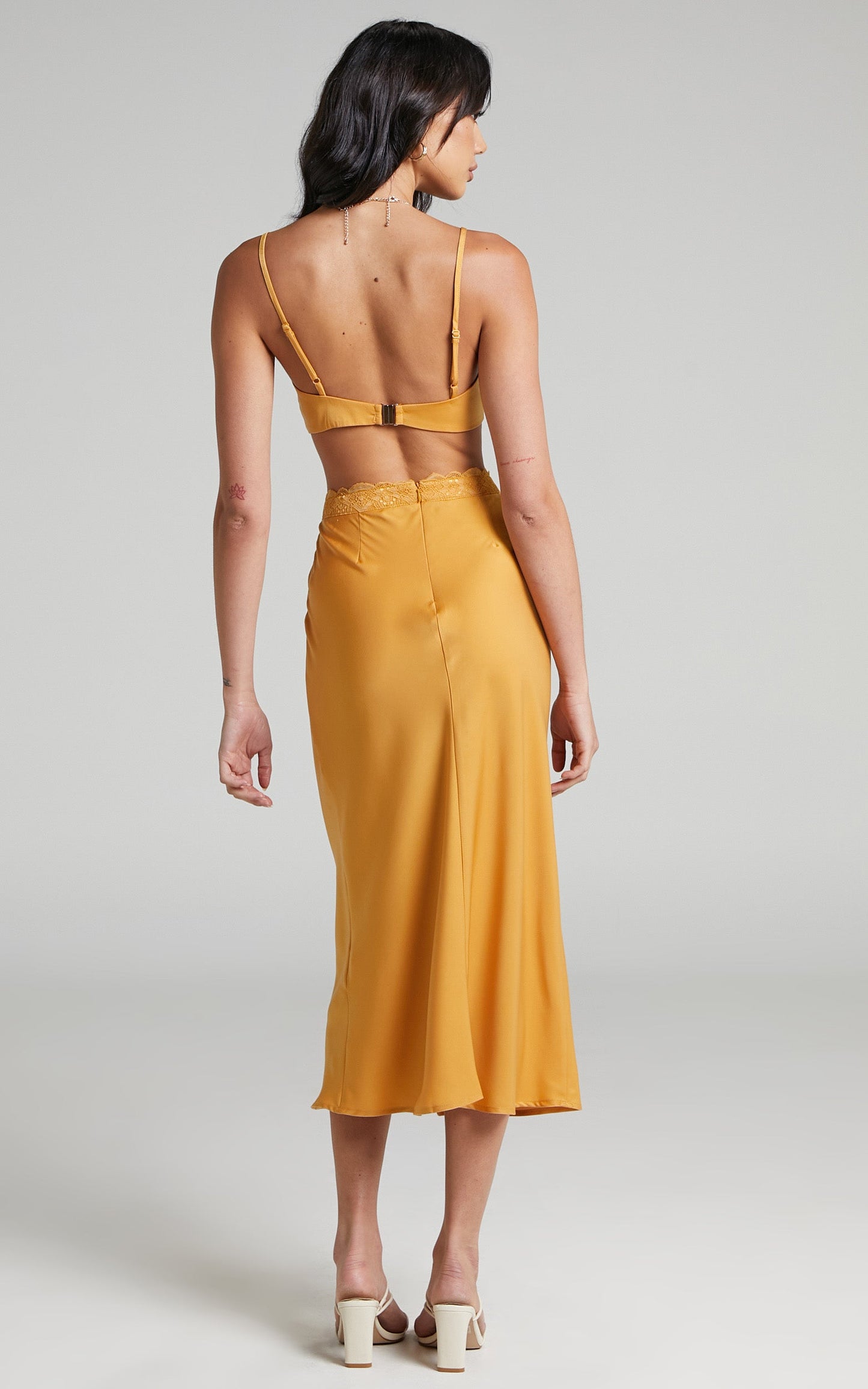 Vallia Lace Trim Satin Two Piece Set in Gold
