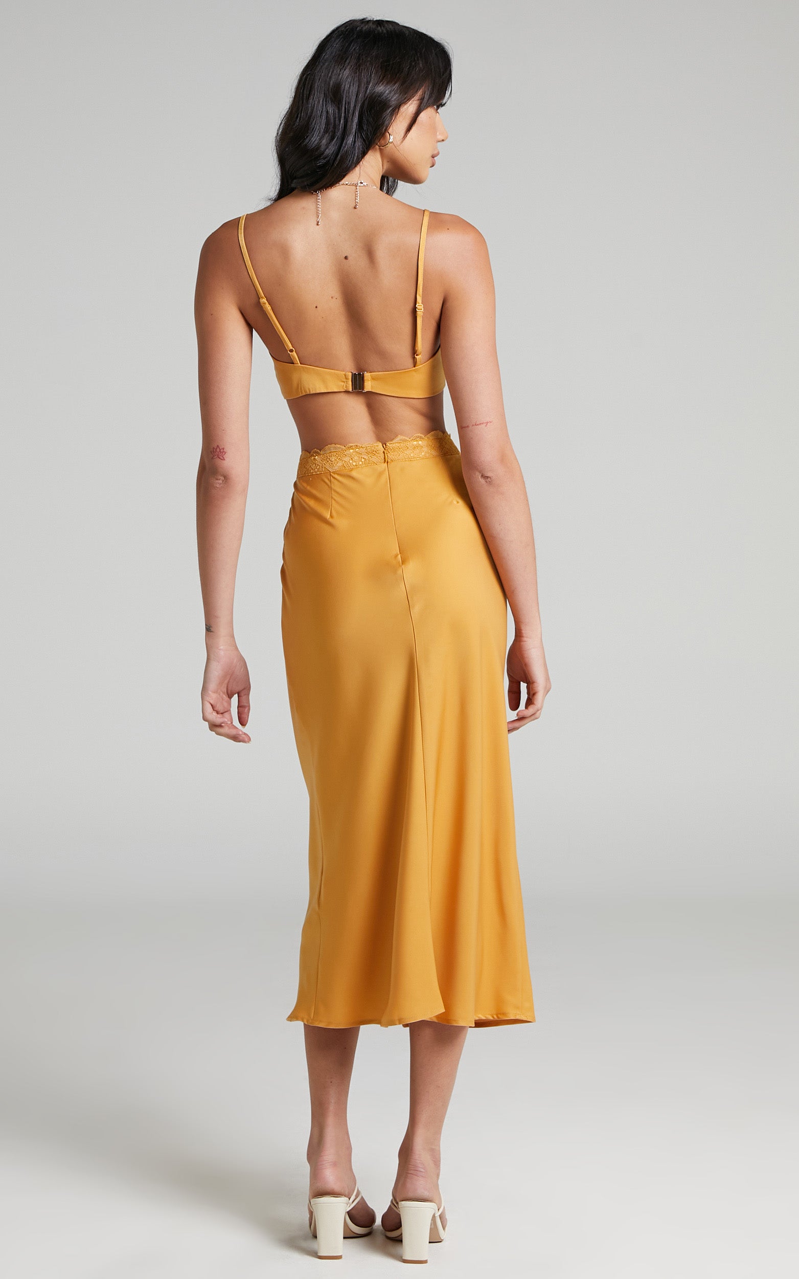 Vallia Lace Trim Satin Two Piece Set in Gold