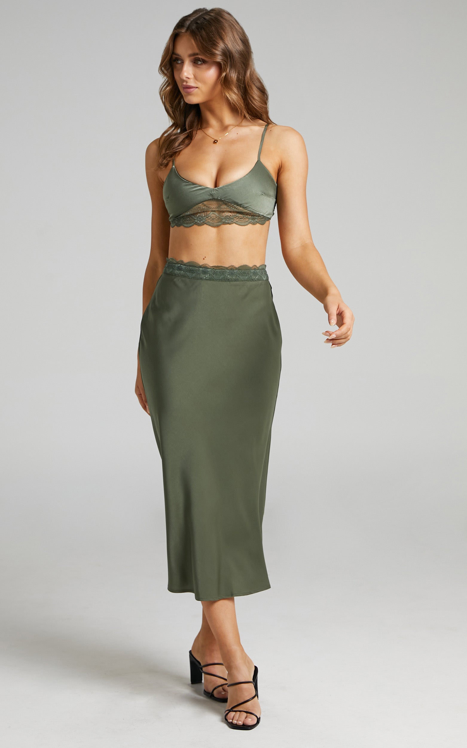 Vallia Lace Trim Satin Two Piece Set in Olive