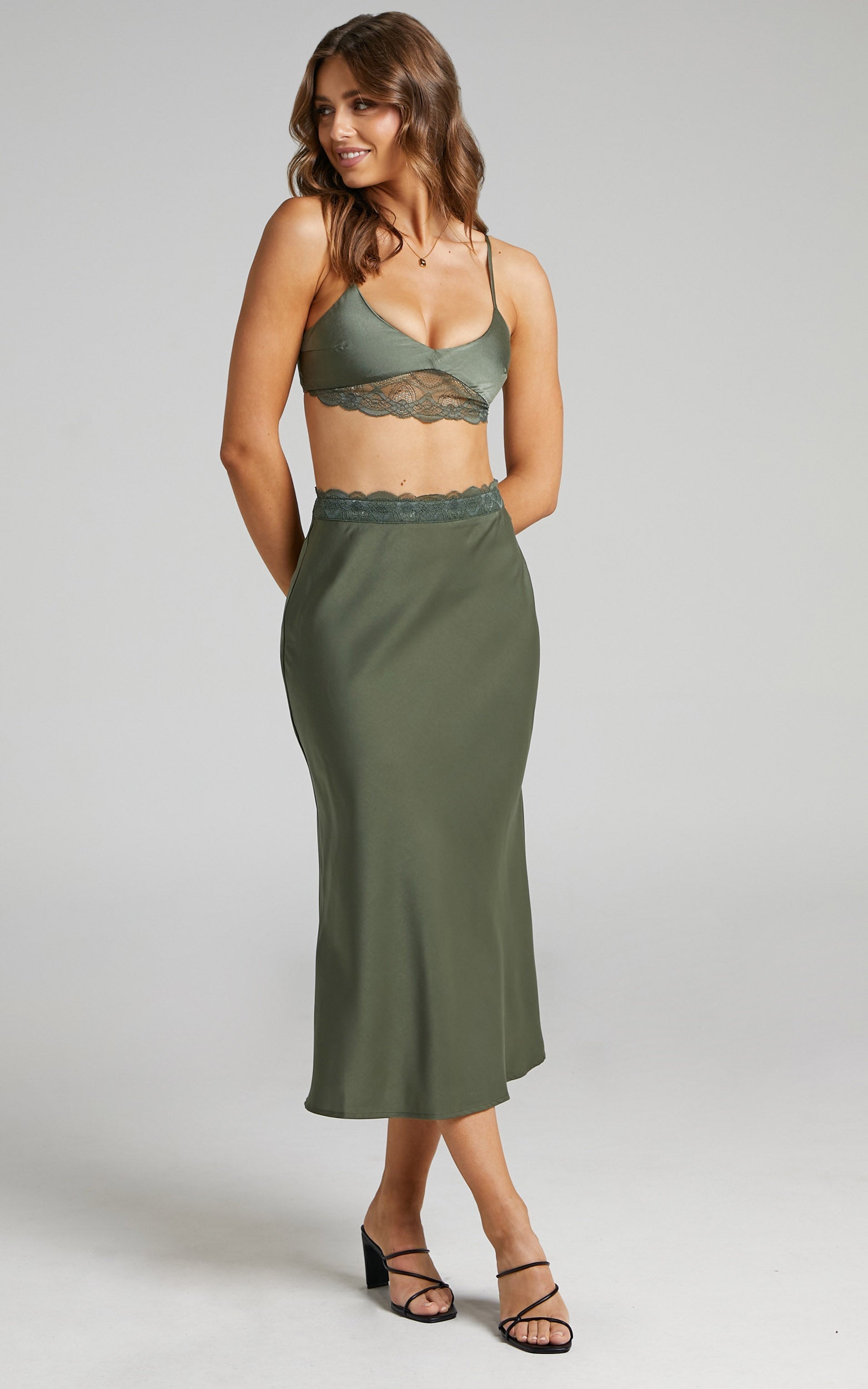 Vallia Lace Trim Satin Two Piece Set in Olive