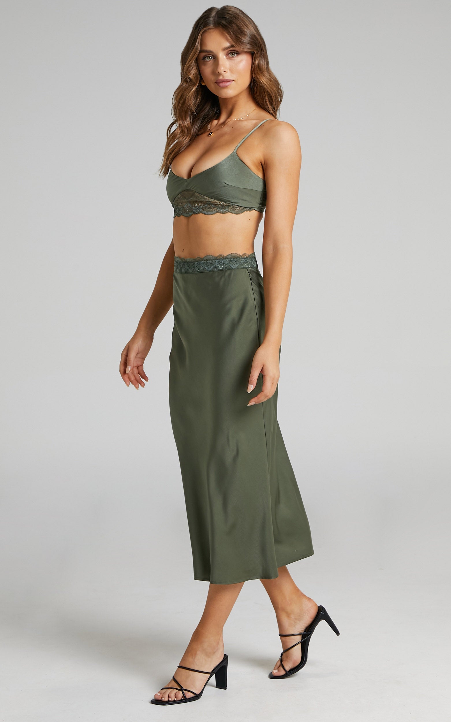 Vallia Lace Trim Satin Two Piece Set in Olive