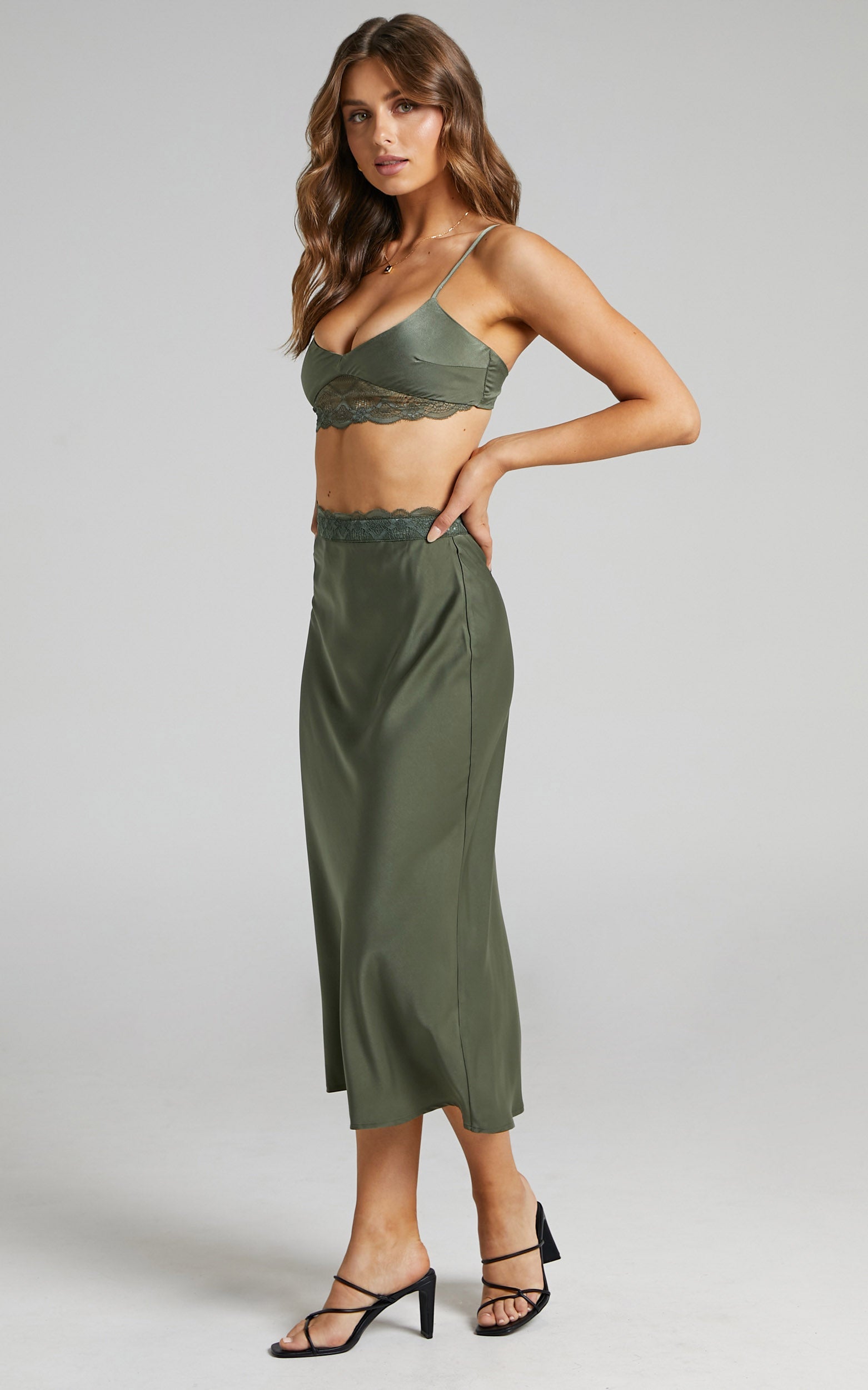 Vallia Lace Trim Satin Two Piece Set in Olive