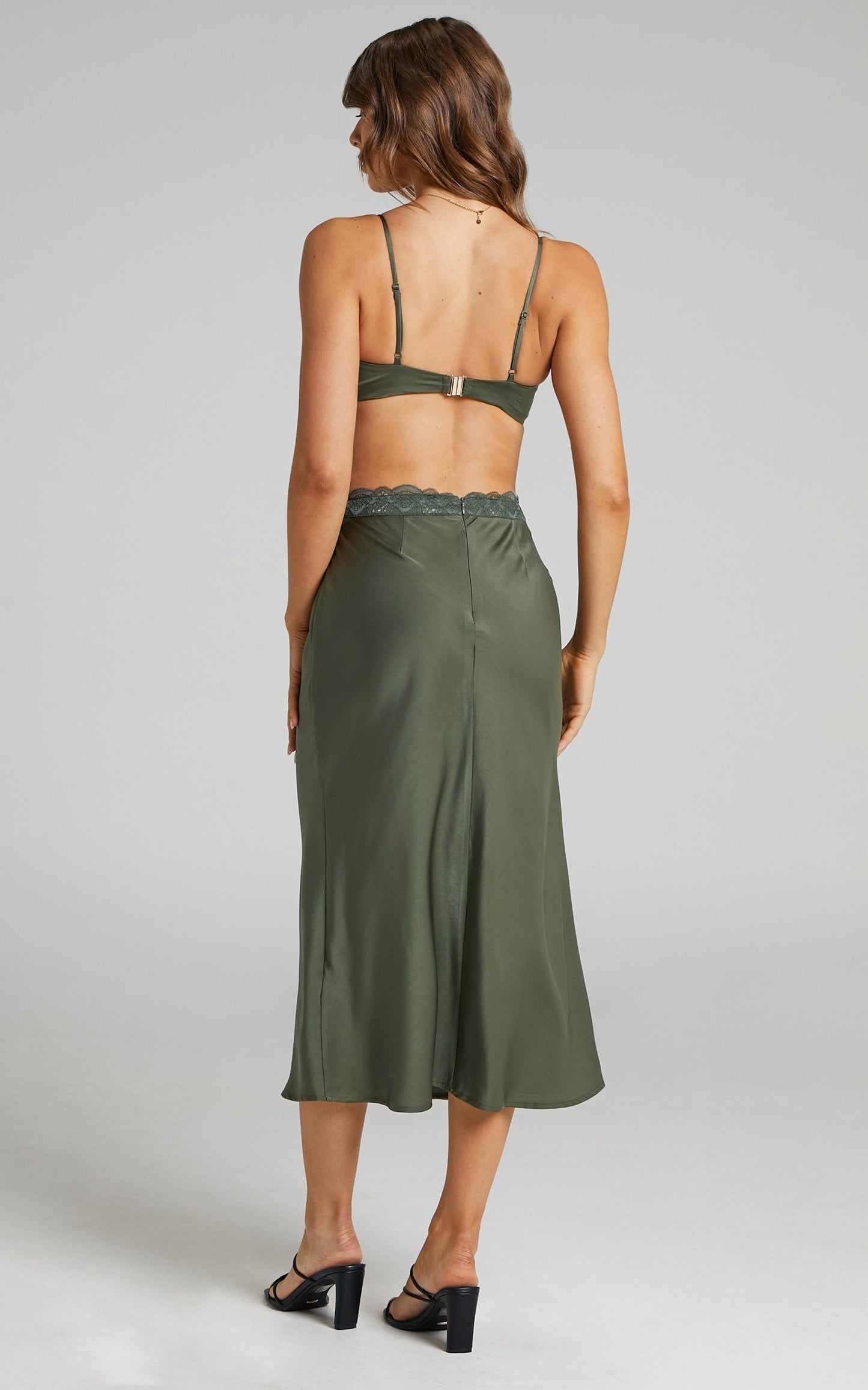 Vallia Lace Trim Satin Two Piece Set in Olive