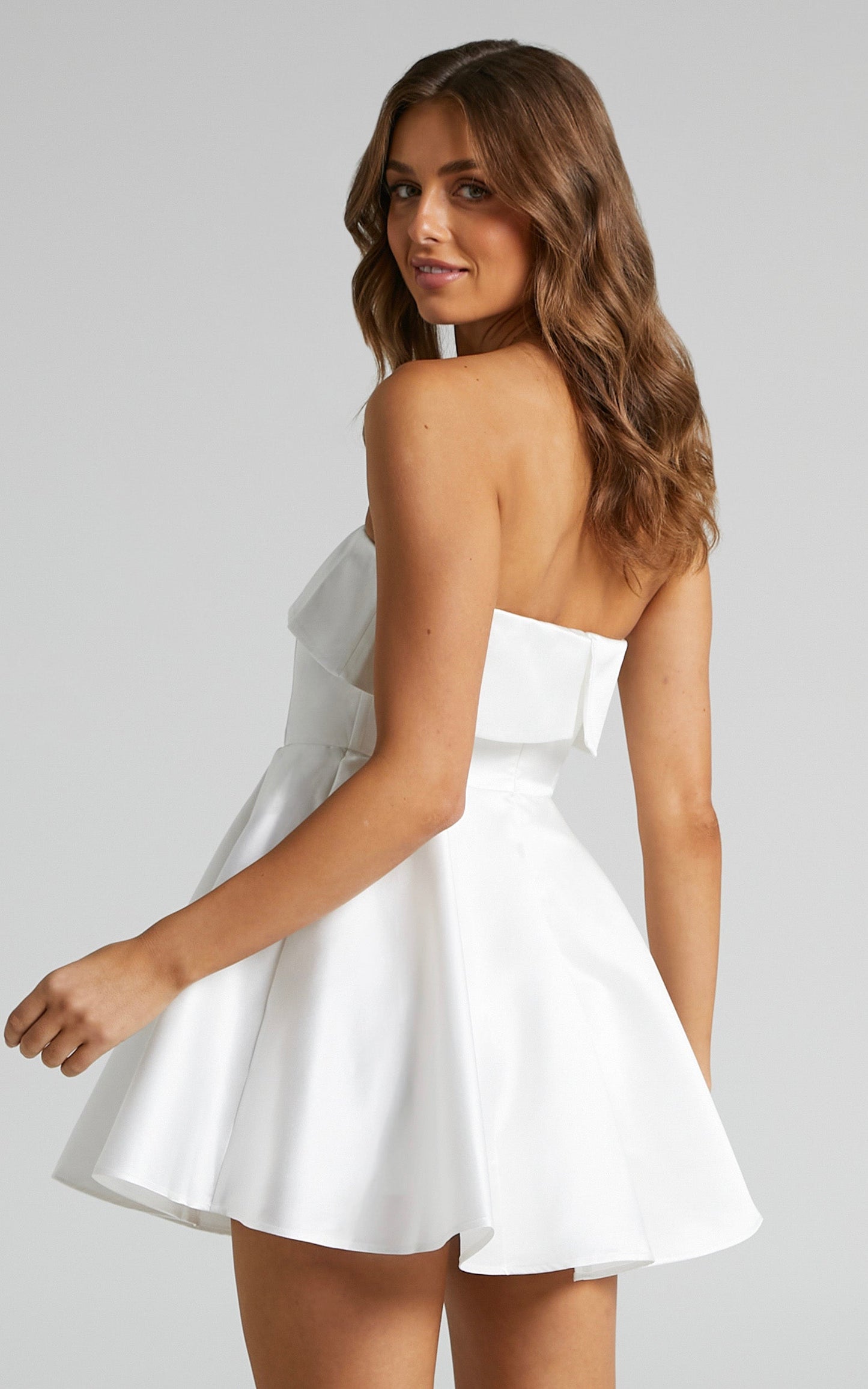Valora Strapless Fit and Flare Satin Mini Dress in Ivory