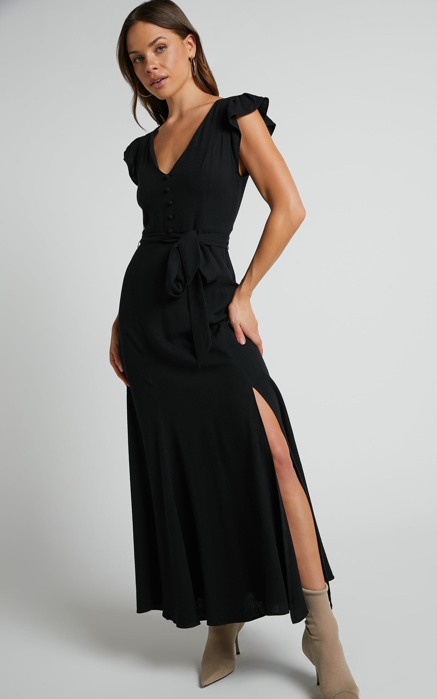 Vance Midi Dress - Linen Open Back Dress in Black