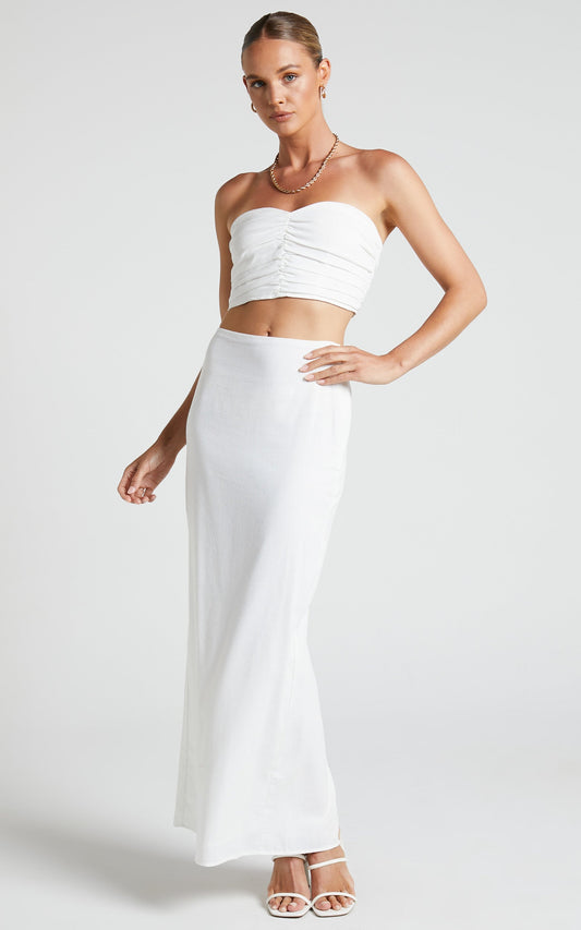 Vance Two Piece Set - Linen Ruched Sweetheart Crop Top and Midi Skirt in Ivory