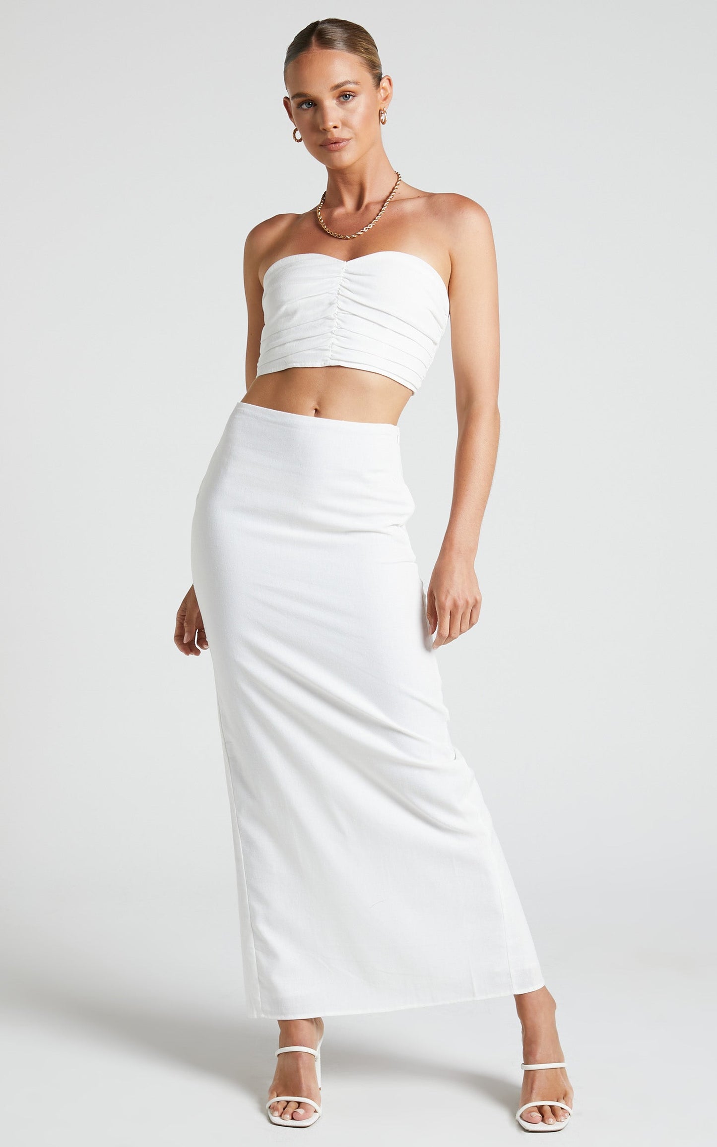 Vance Two Piece Set - Linen Ruched Sweetheart Crop Top and Midi Skirt in Ivory