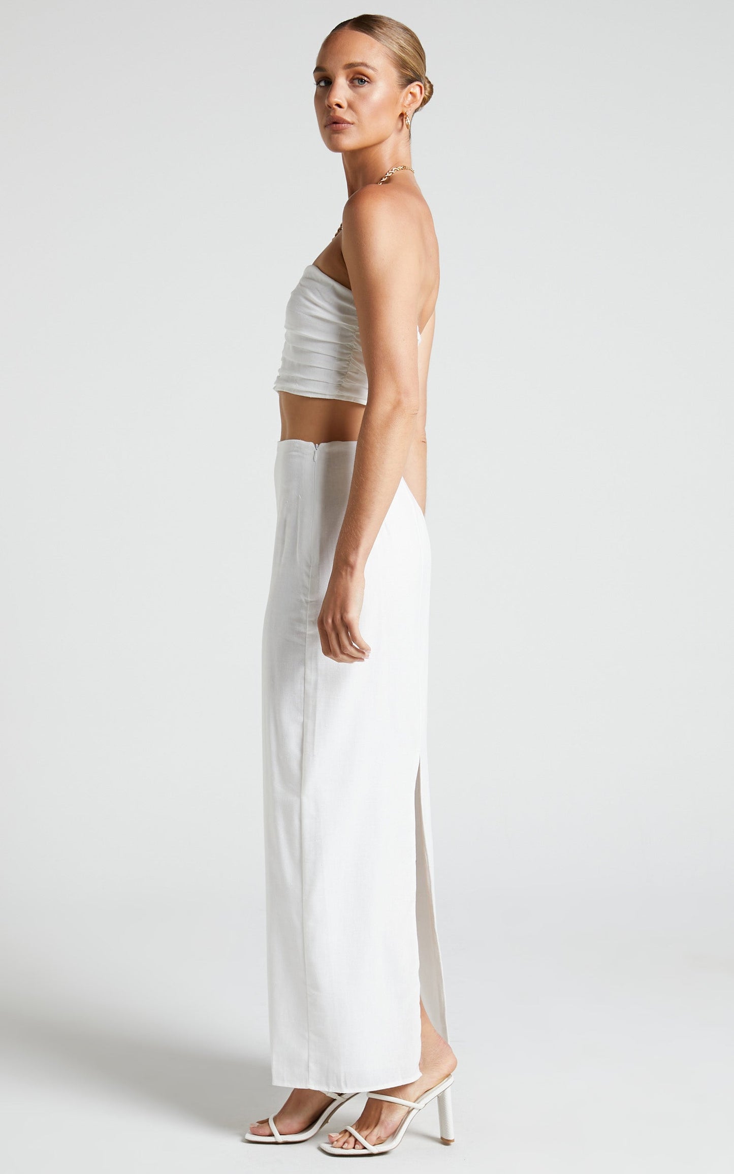 Vance Two Piece Set - Linen Ruched Sweetheart Crop Top and Midi Skirt in Ivory