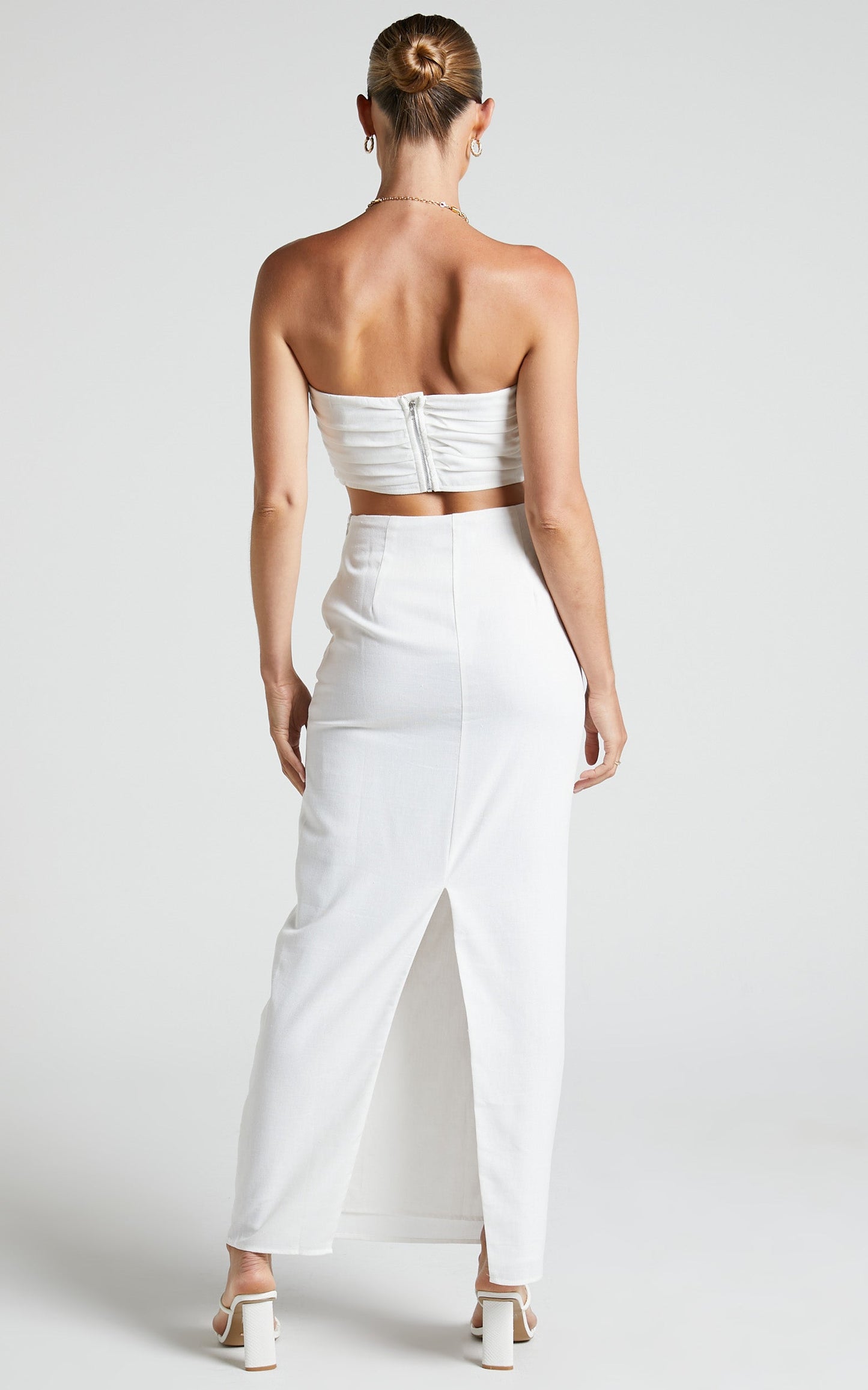 Vance Two Piece Set - Linen Ruched Sweetheart Crop Top and Midi Skirt in Ivory