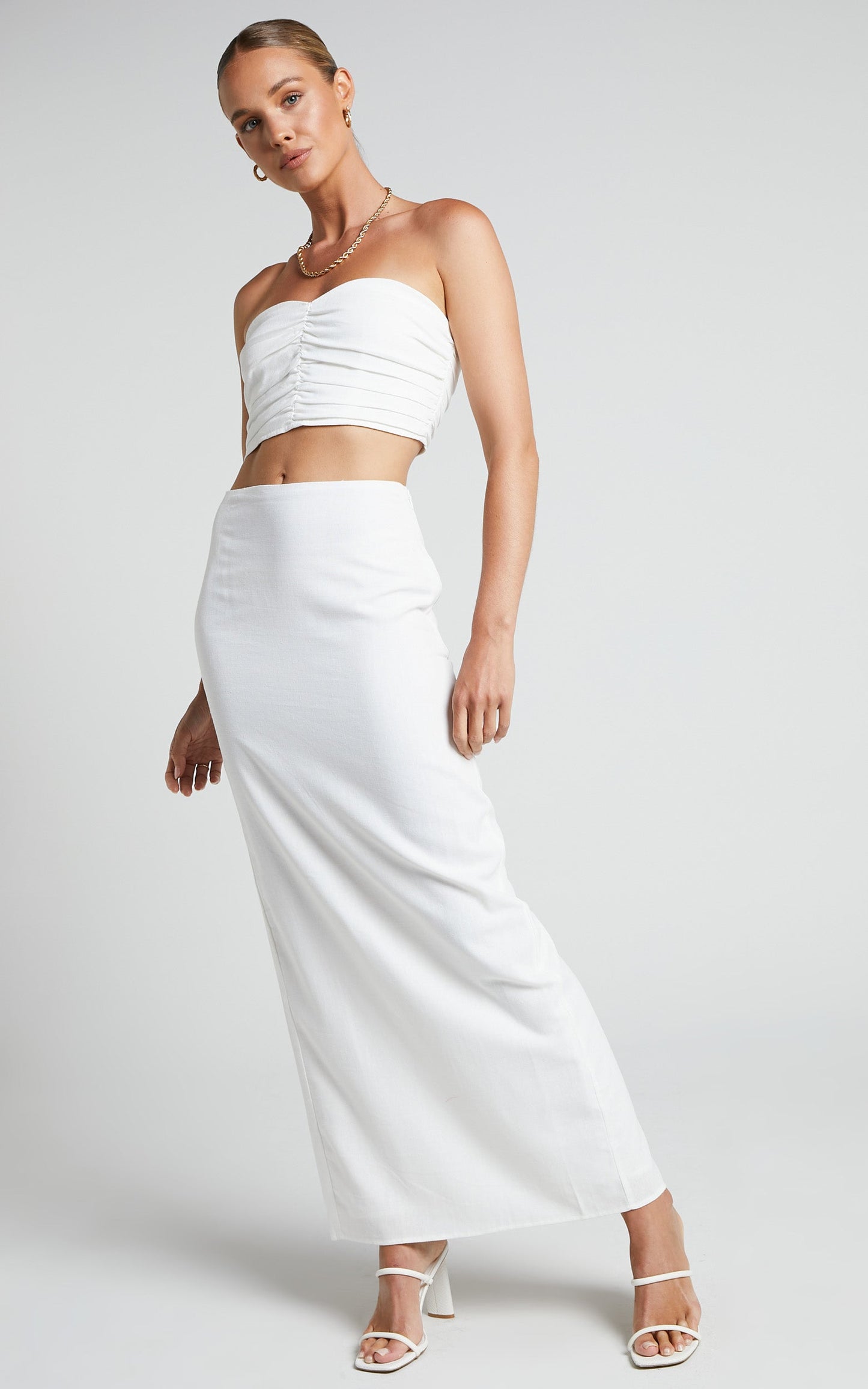 Vance Two Piece Set - Linen Ruched Sweetheart Crop Top and Midi Skirt in Ivory