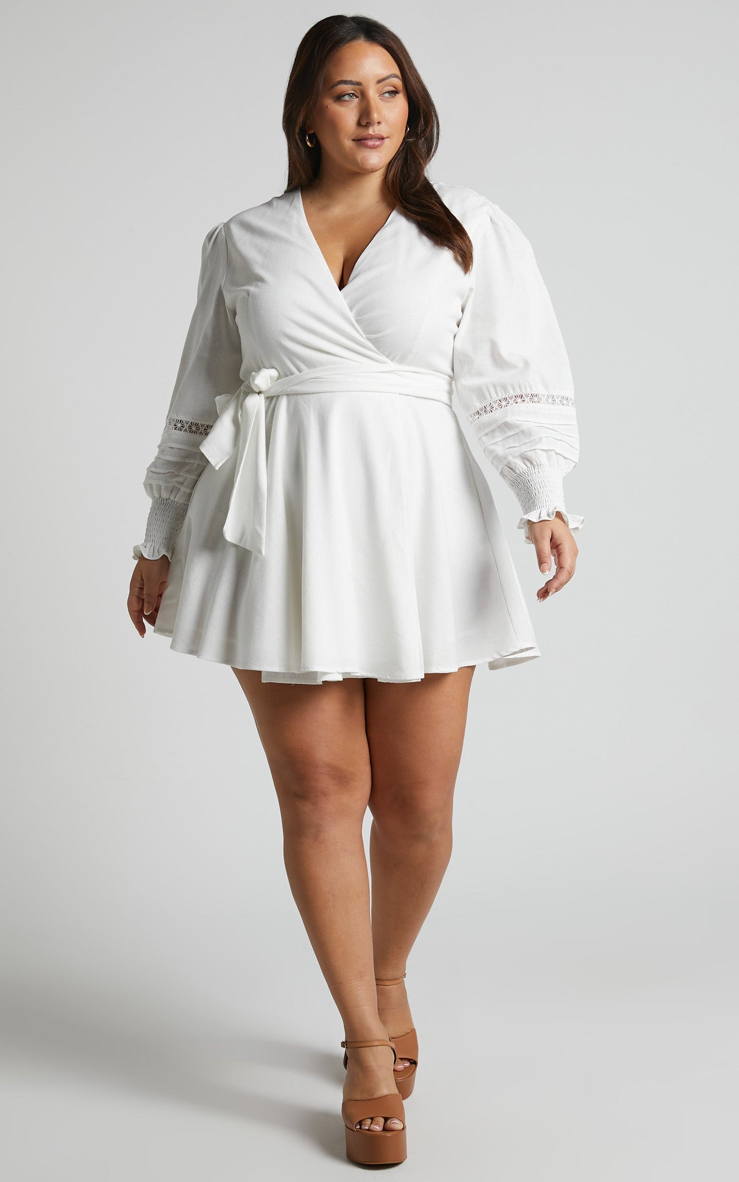 Vance Mini Dress - Linen Look Pintuck Blouson Sleeve Wrap Dress in White