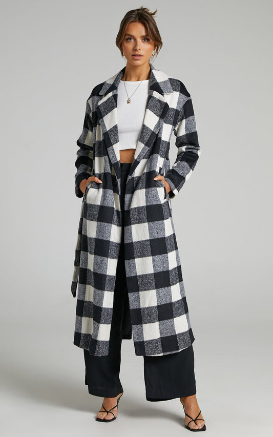 Vancouver Coat - Longline Tie Front Coat in Black Check