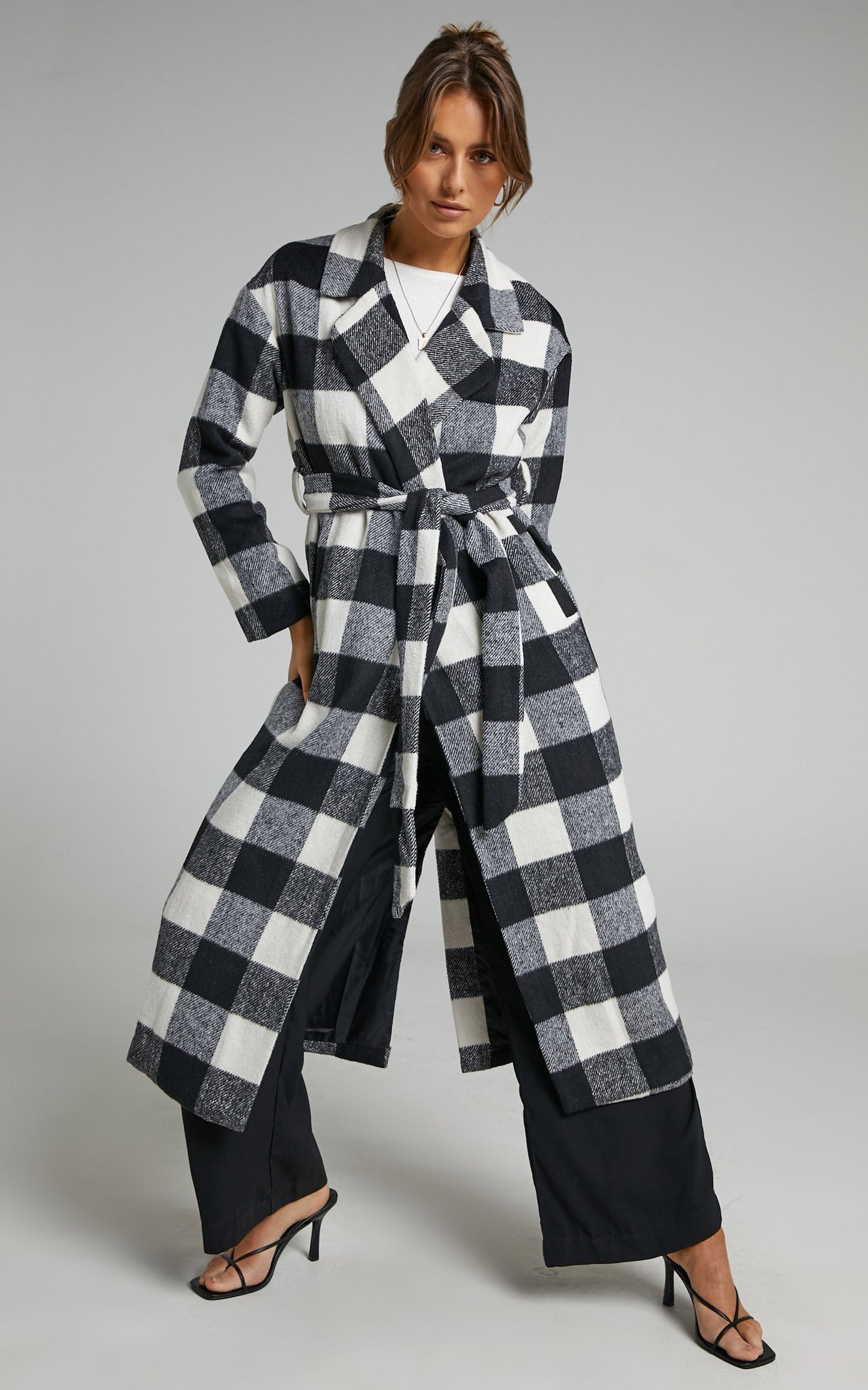 Vancouver Coat - Longline Tie Front Coat in Black Check