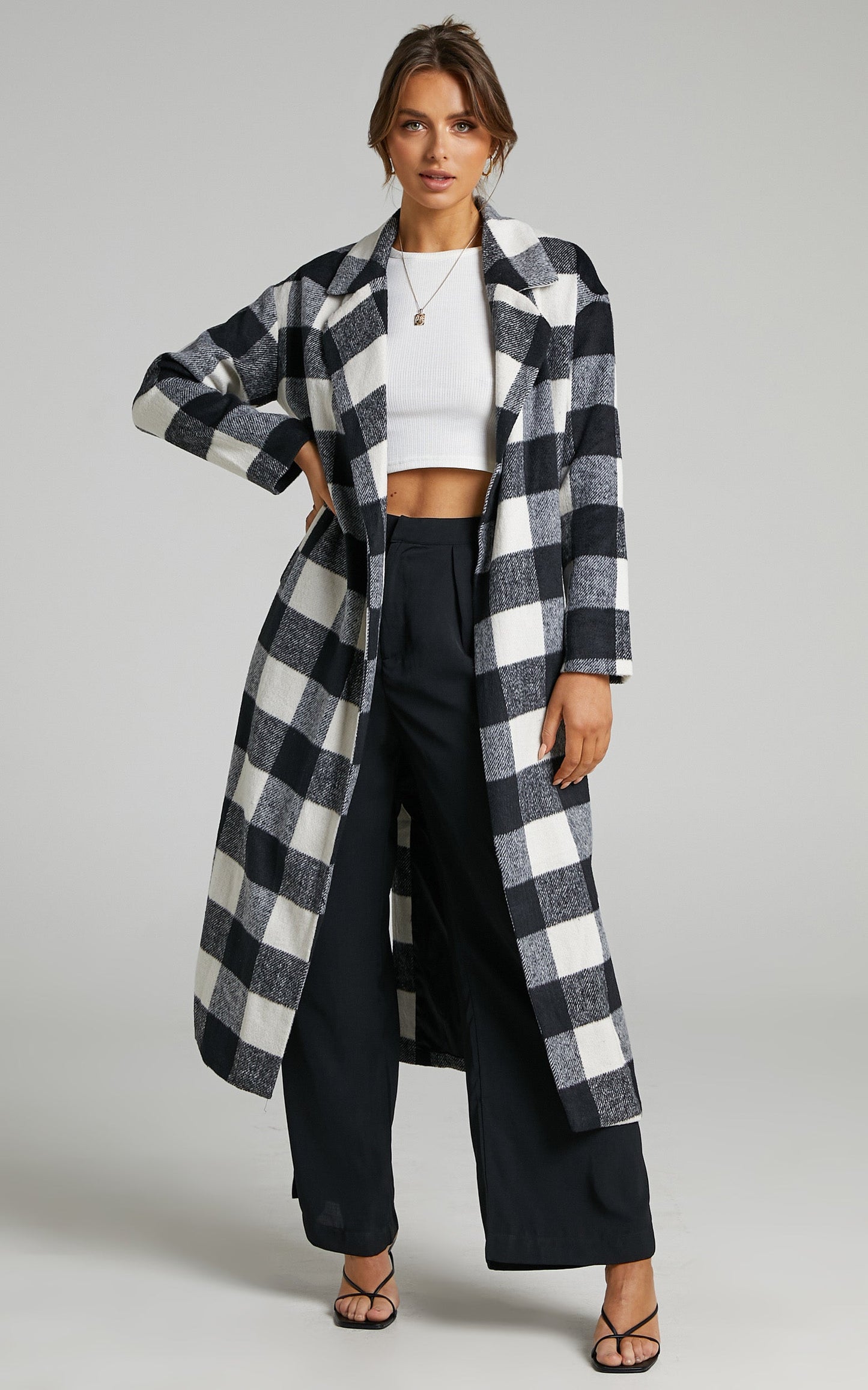 Vancouver Coat - Longline Tie Front Coat in Black Check