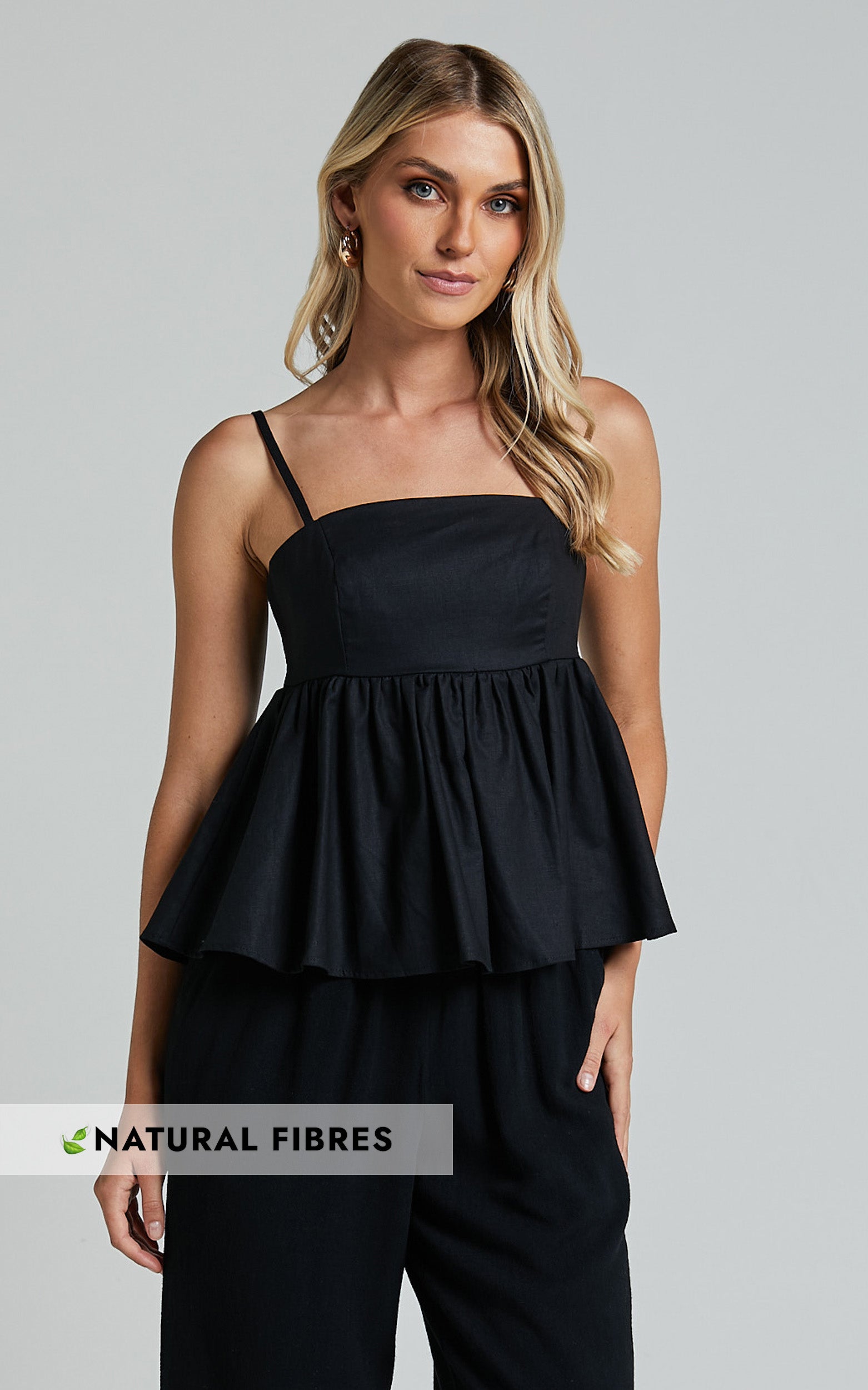 Vanessa Top - Linen Strappy Babydoll Top in Black