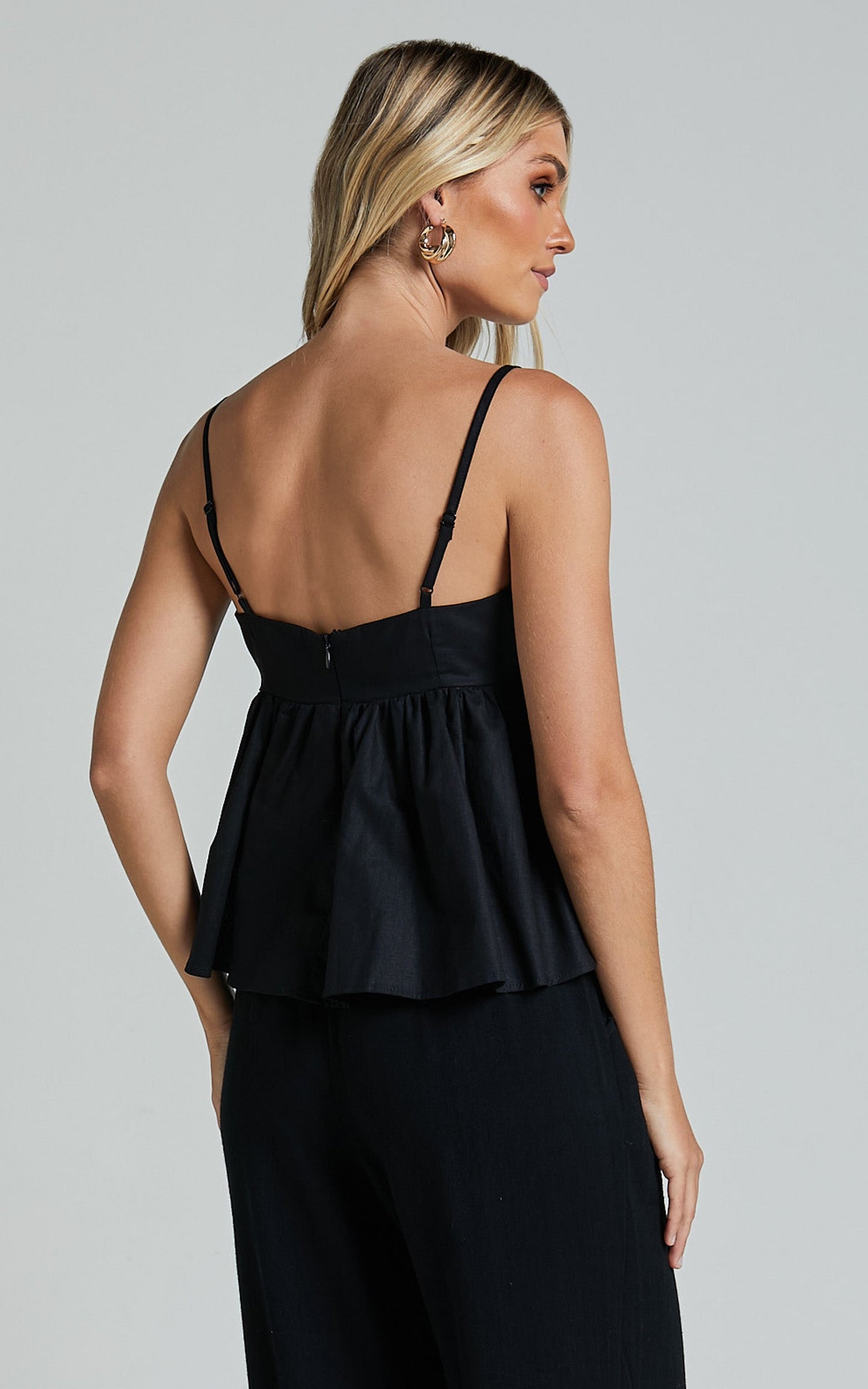 Vanessa Top - Linen Strappy Babydoll Top in Black