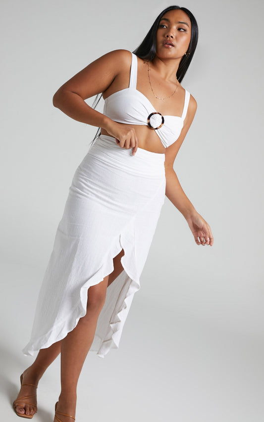 Vanika crop top and ruffle midi skirt two piece set in White