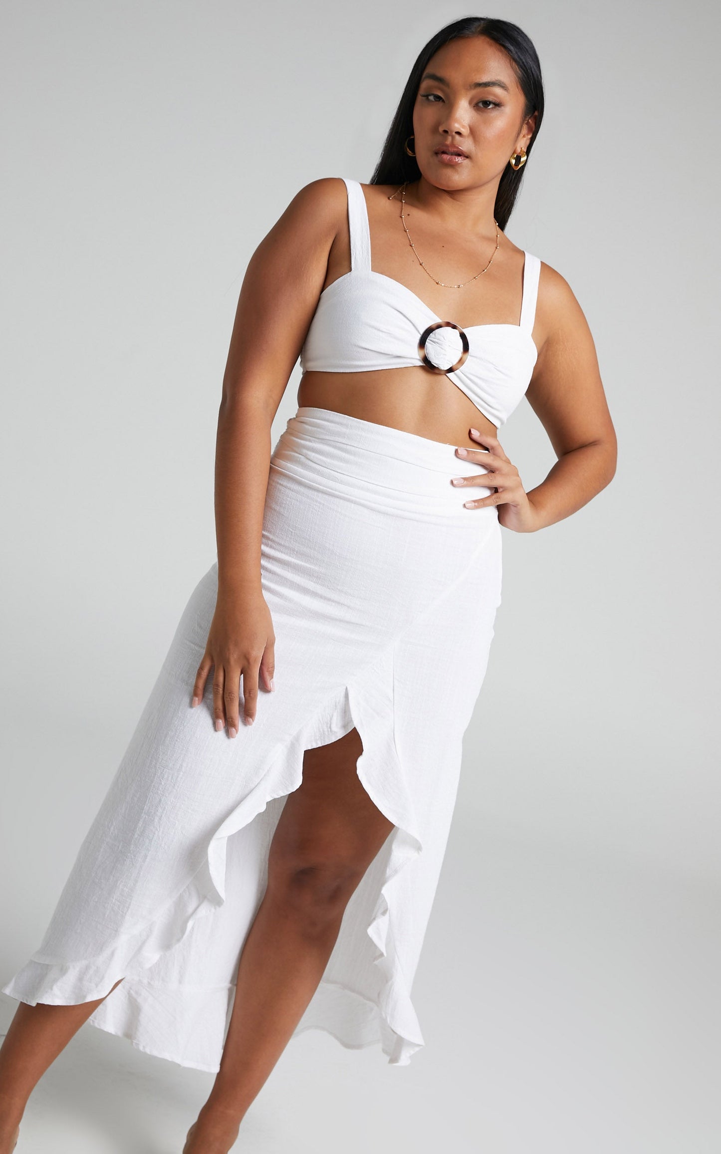 Vanika crop top and ruffle midi skirt two piece set in White