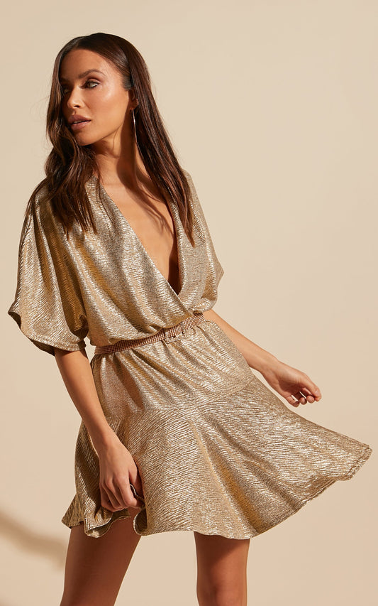 Vanity Mini Dress - Short Flutter Sleeve Tie Waist V Neck Dress in Gold