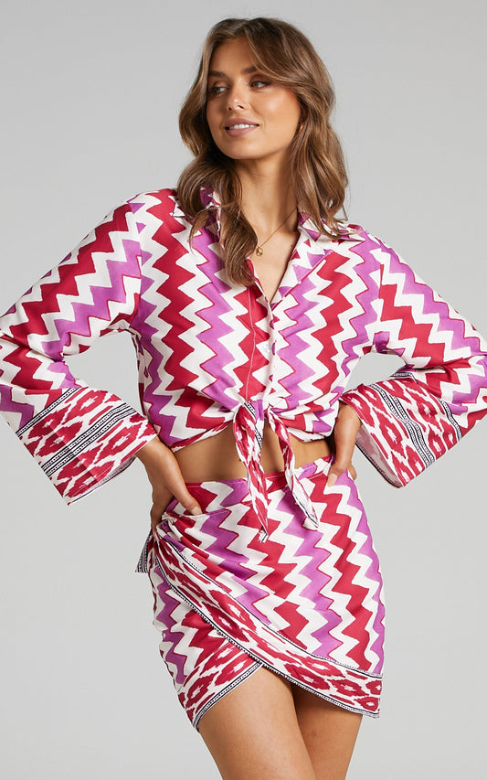 Vanny Two Piece Set - Tie Top Mini Skirt Two Piece Set in Multi Print