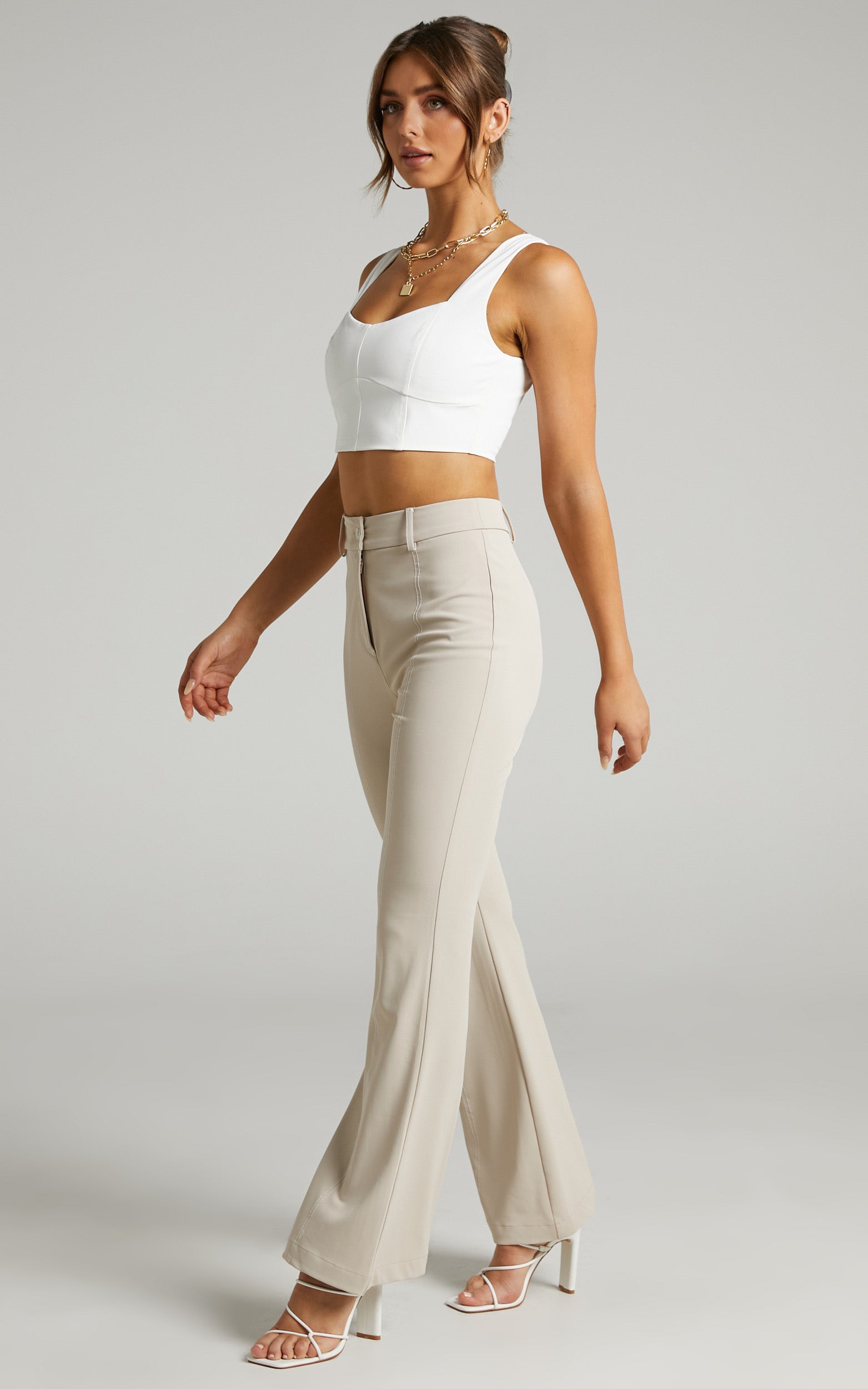 Varvara Flare Contrast Stitch Pant in Beige