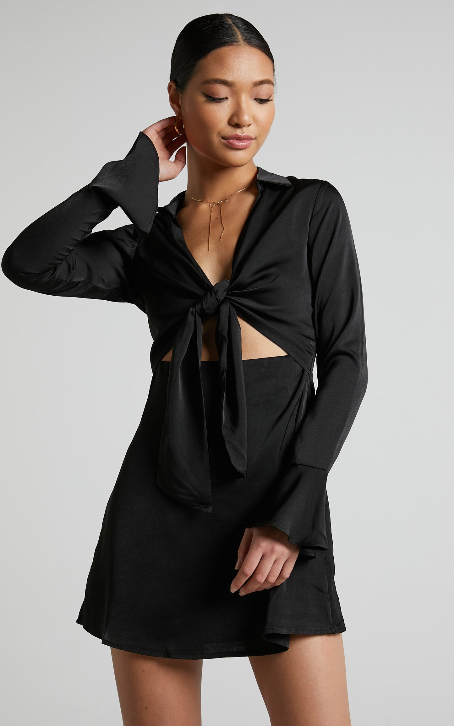 Varvey Mini Dress - Tie Front Long Sleeve Dress in Black