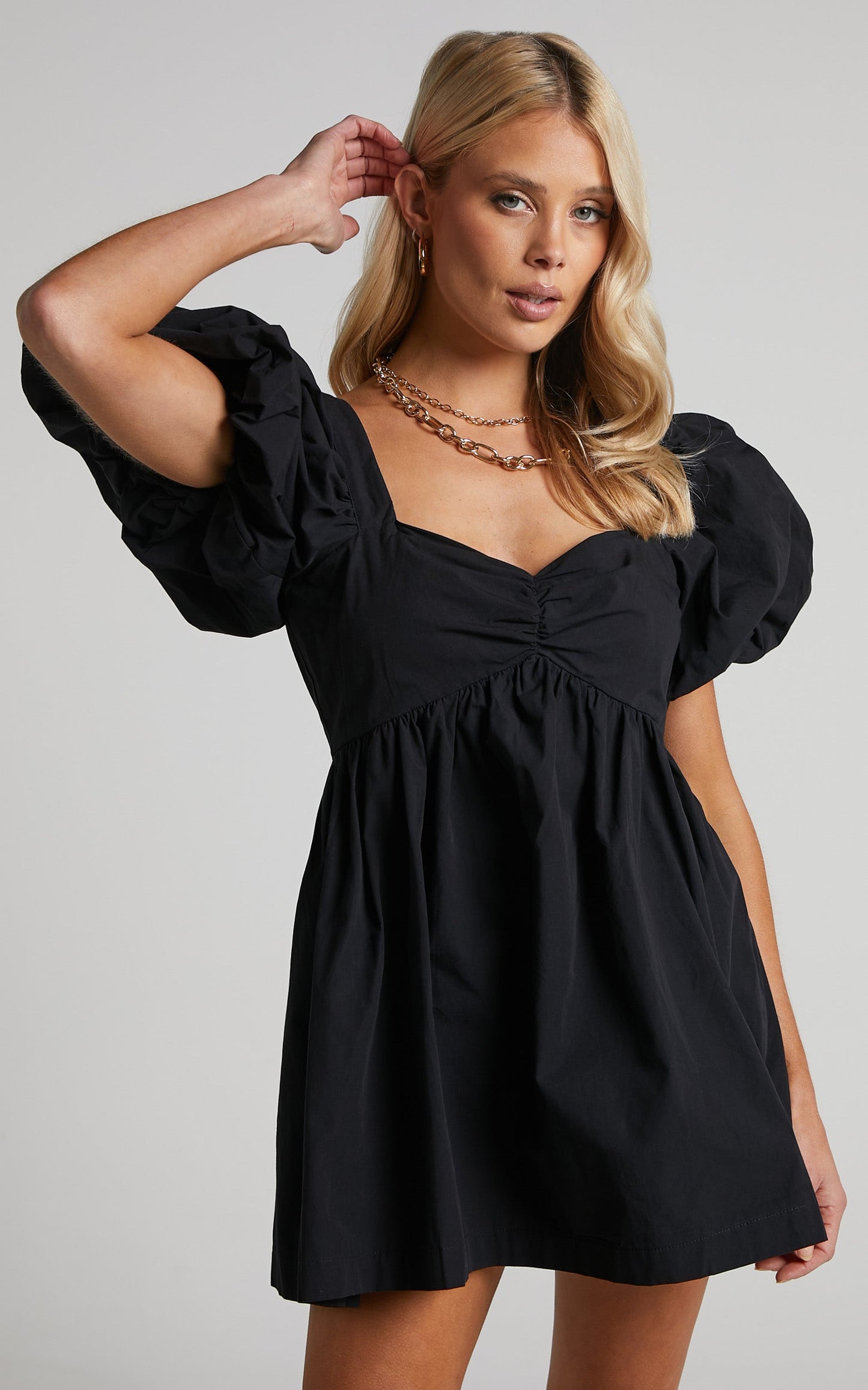 Vashti Mini Dress - Puff Sleeve Sweetheart Dress in Black