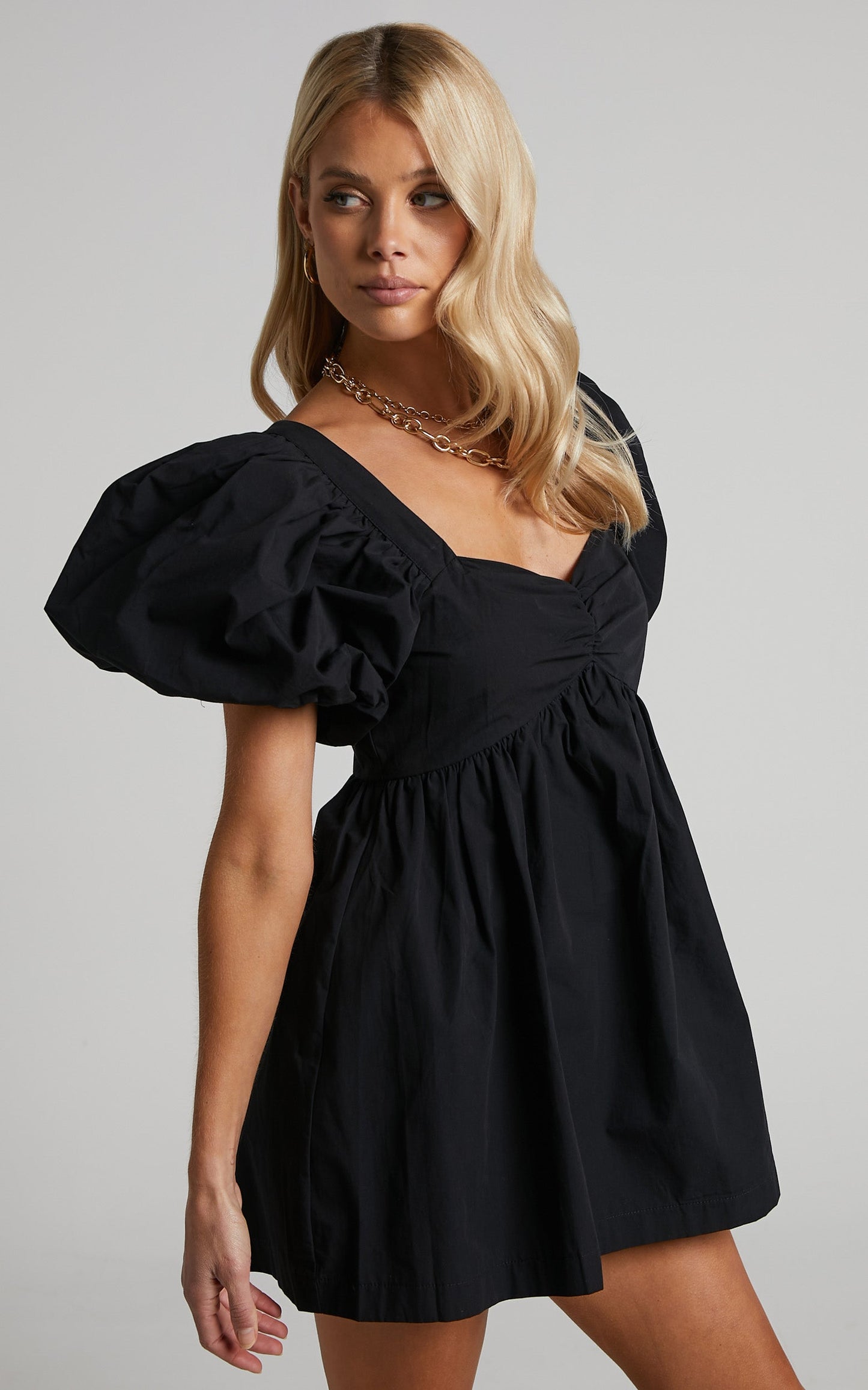 Vashti Mini Dress - Puff Sleeve Sweetheart Dress in Black