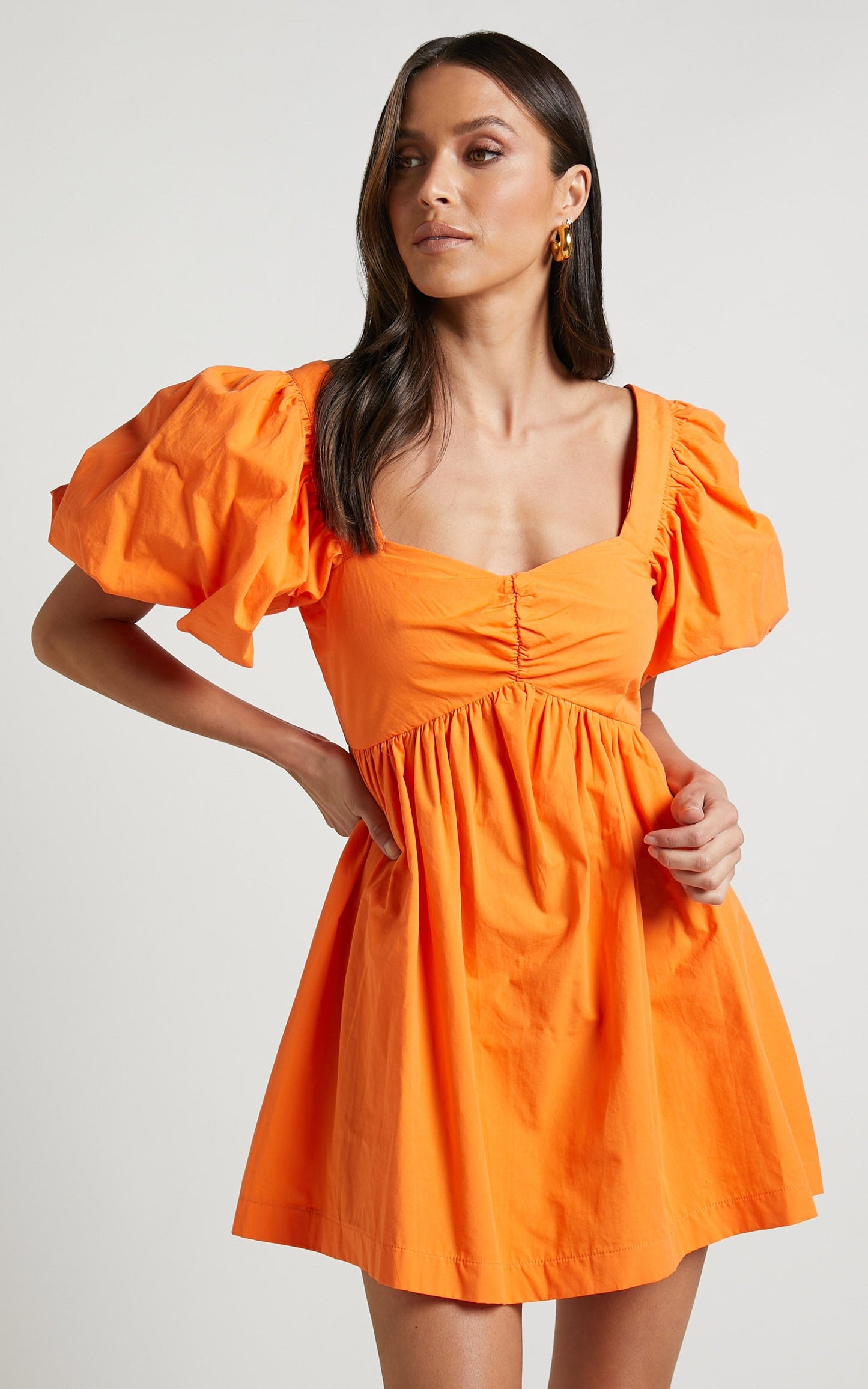Vashti Mini Dress - Puff Sleeve Sweetheart Dress in Orange