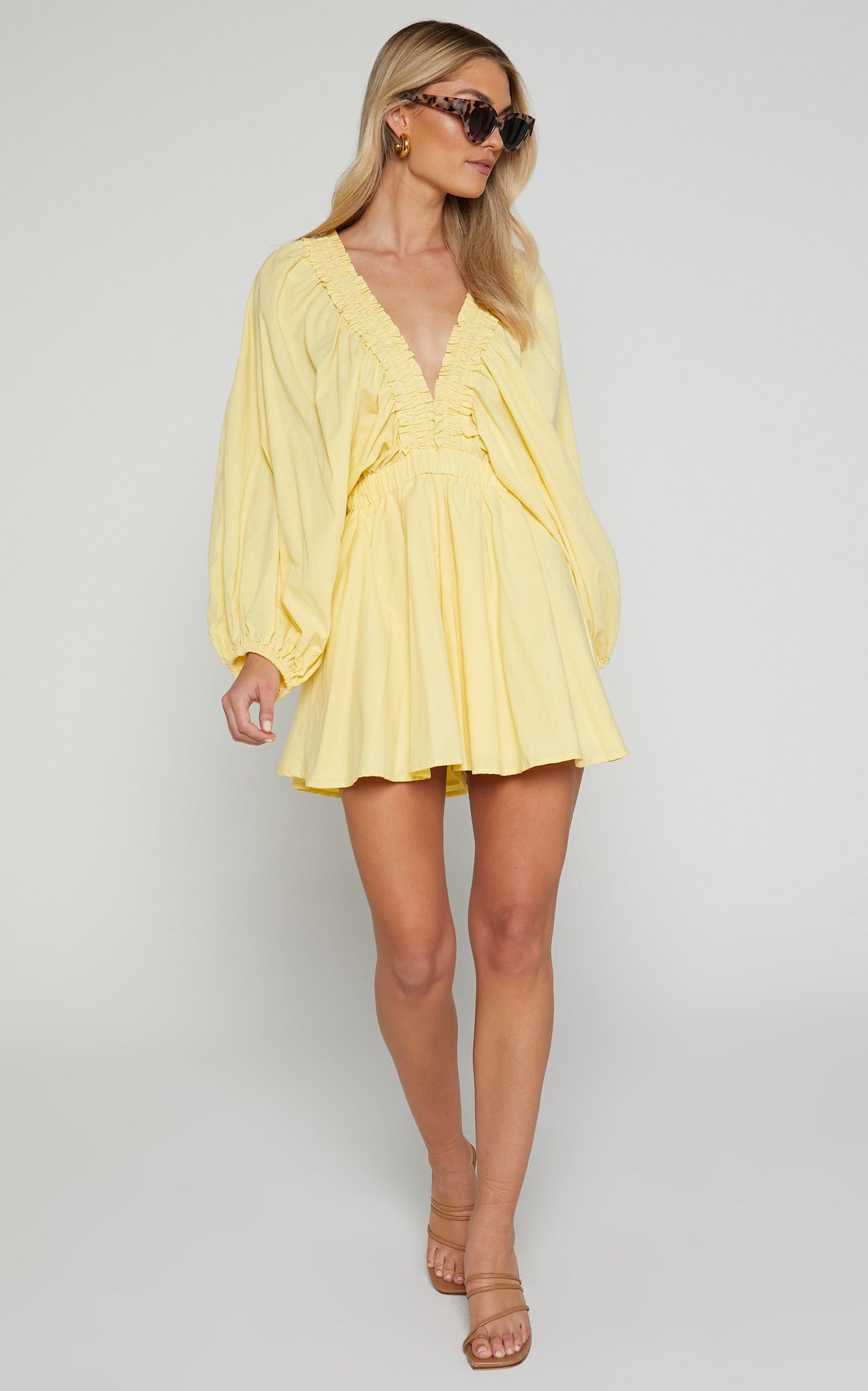 Velma Playsuit - V Neck Blouson Sleeve in Lemon