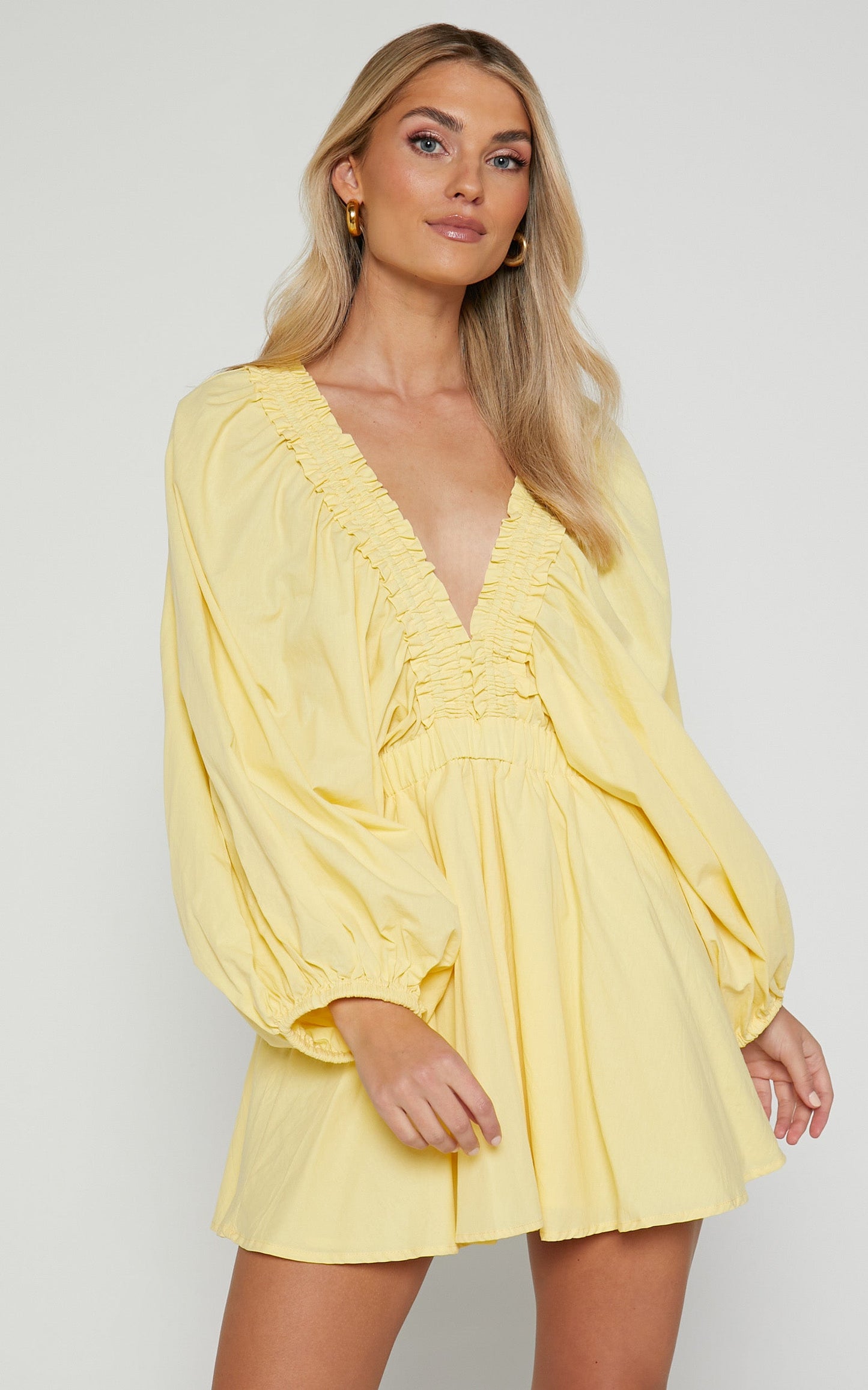 Velma Playsuit - V Neck Blouson Sleeve in Lemon