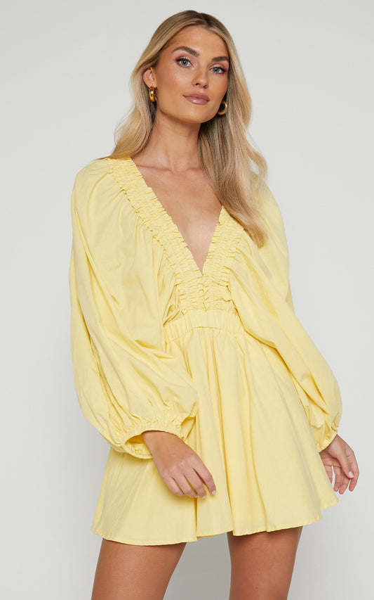Velma Playsuit - V Neck Blouson Sleeve in Lemon