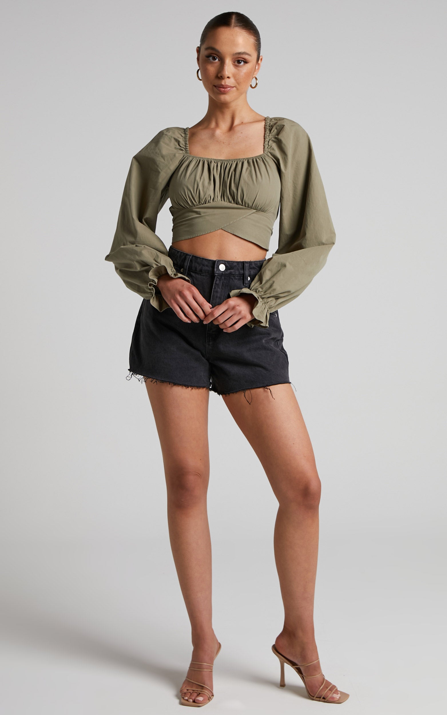 Verne Blouse - Long Sleeve Ruched Blouse in Khaki
